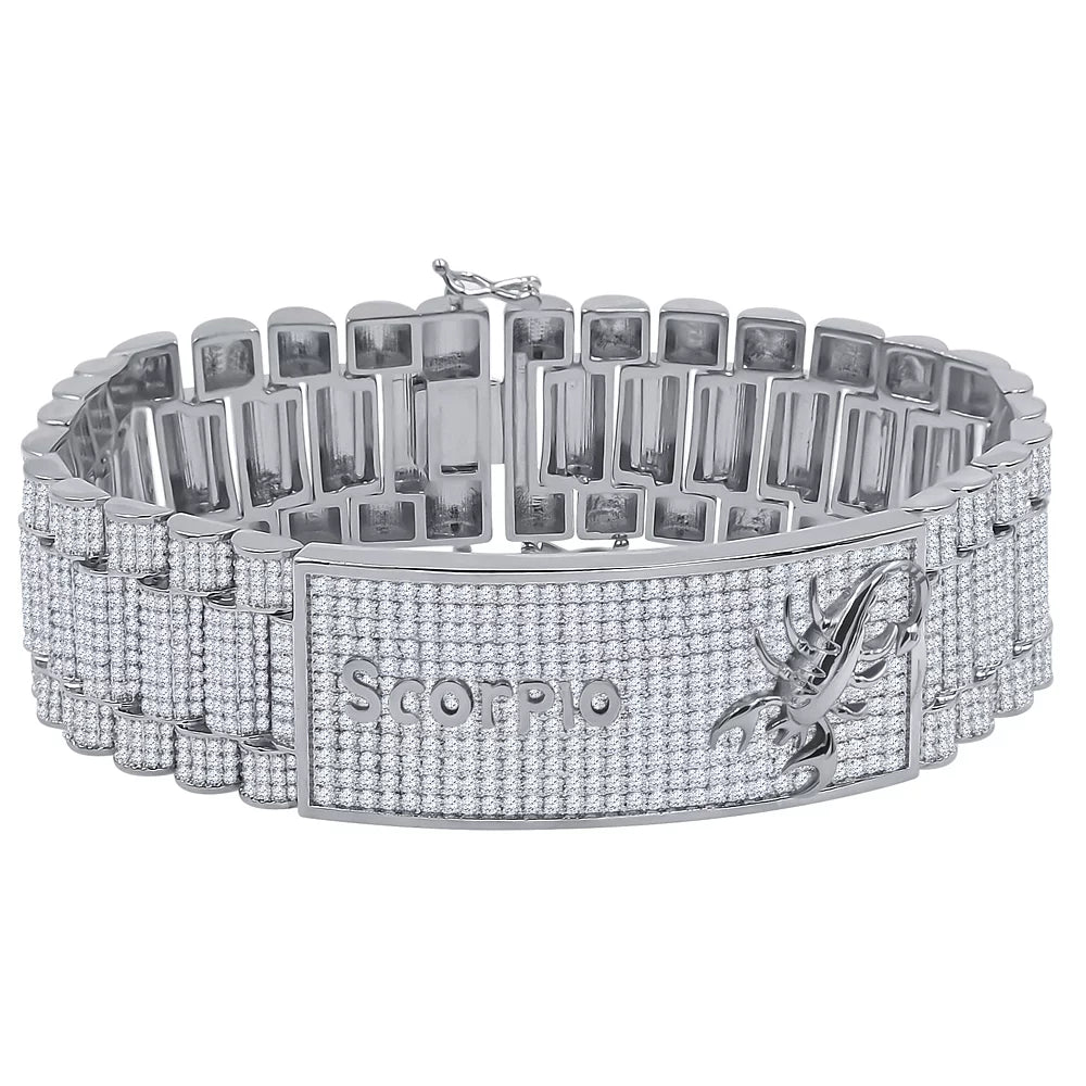 Zodiac Sign Scorpio 14K White Gold Finish Simulated Diamonds Mens Link Bracelet 8.5''