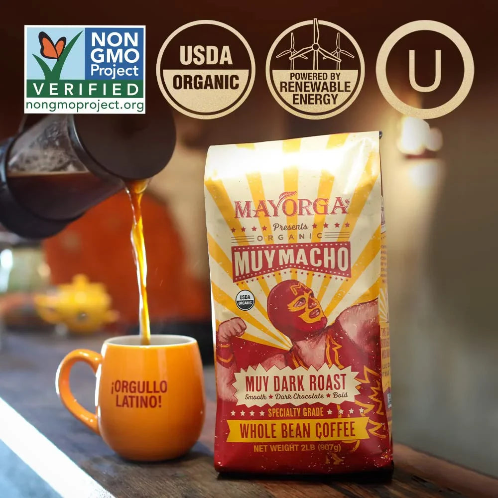 Mayorga Intense Dark Roast Coffee; 2 lb bag - Muy Macho Blend; the World's Strongest Organic Coffee - 100% Arabica Whole Coffee Beans - Bold Flavor - Specialty Grade; Non-GMO; Direct Trade Muy Macho 2 Pound (Pack of 1)