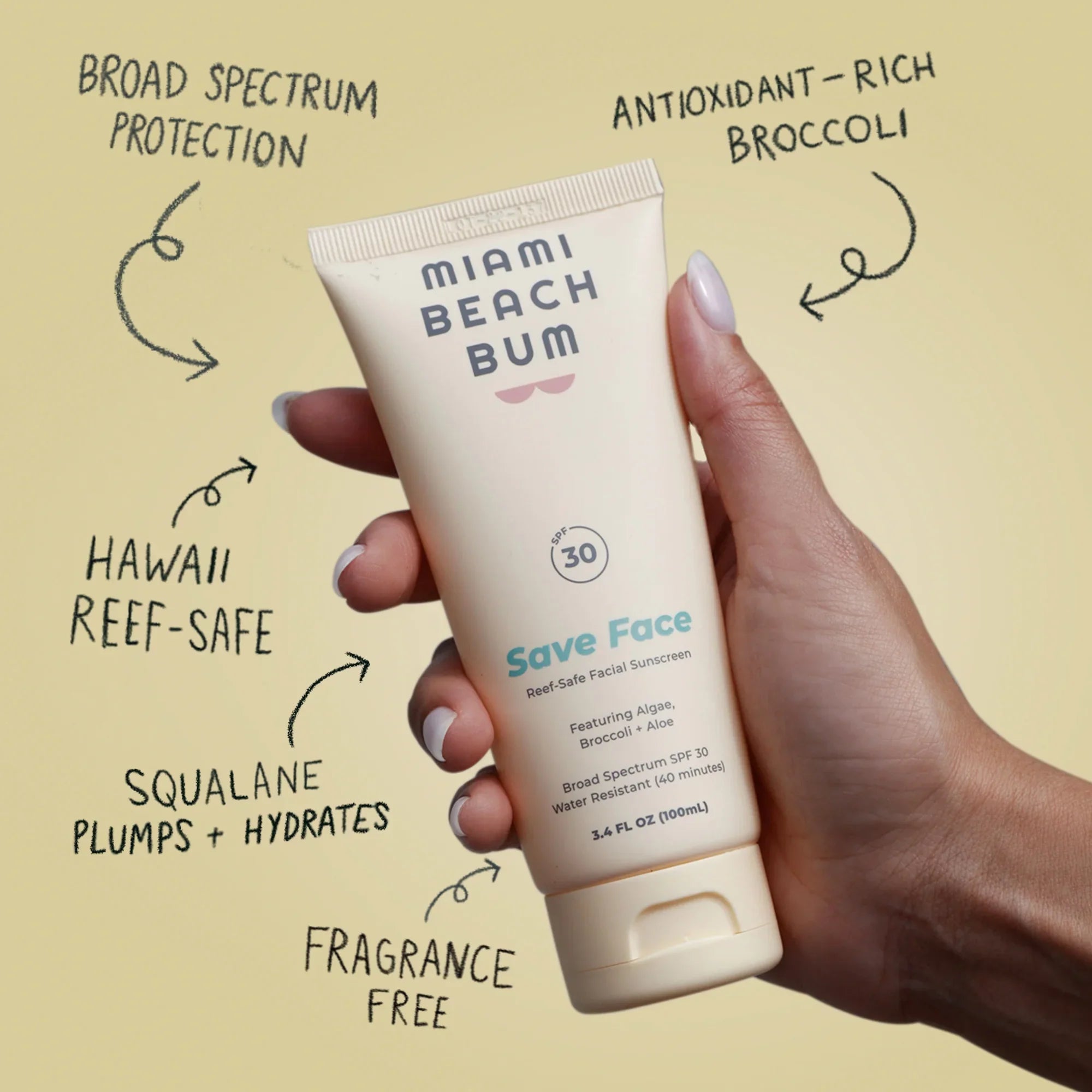 Miami Beach Bum Reef-Safe SPF30/ 40 Min Resistant Mineral Broccoli Face Cream; Fragrance-free; 3.4oz