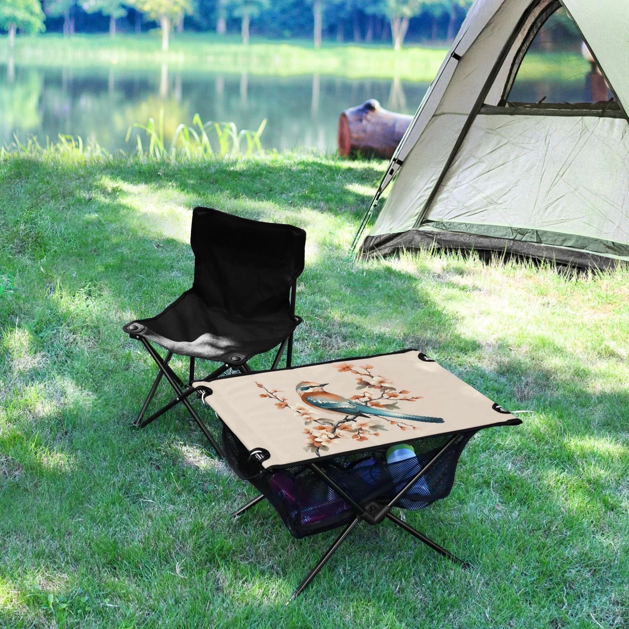 Birds on Flower Branches Camping Folding Table Portable Beach Table with Storage Bag Compact Picnic Table for Outdoor Travel Fishing BBQ