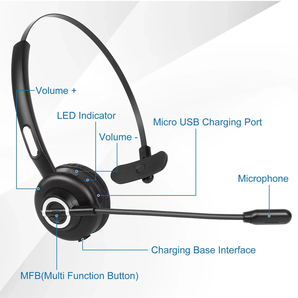 Comfortable Bluetooth Headset; UX-M97 Wireless Headset with Microphone; Wireless Cell Phone Headset with Noise Isolation Mic Charging Base Mute Function for Oppo F9 (F9 Pro) With Charging Dock