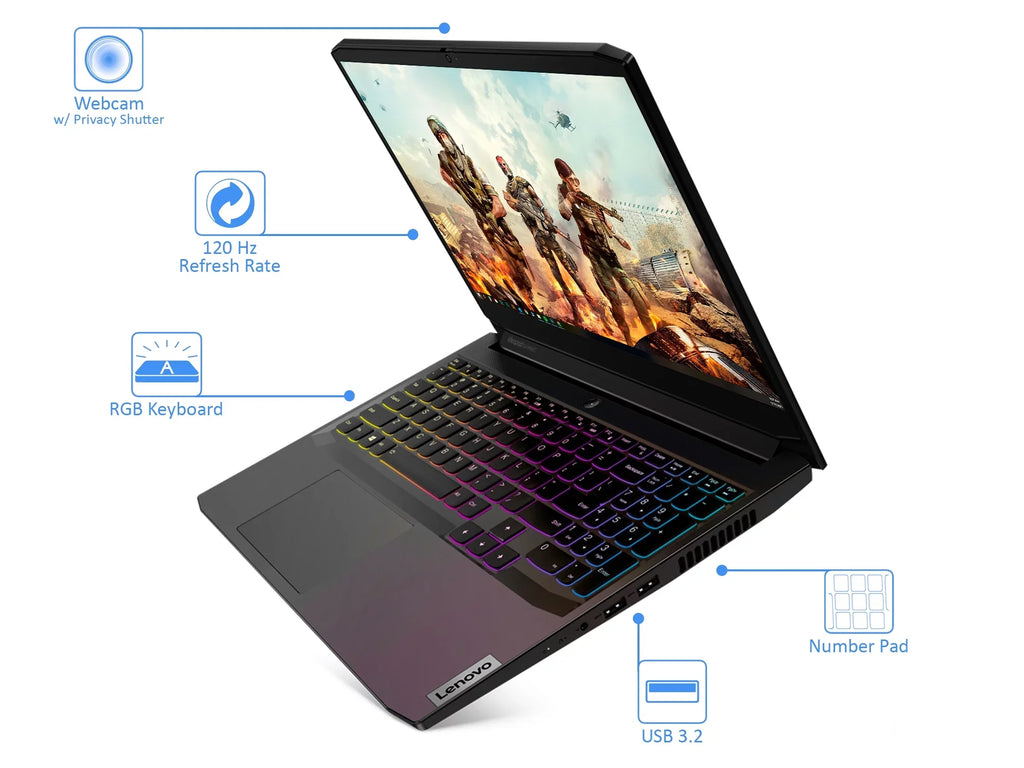 Lenovo IdeaPad 3 Gaming Laptop; 15.6" 120Hz FHD Display; AMD Ryzen 5 5600H Upto 4.2GHz; 8GB RAM; 512GB NVMe SSD; NVIDIA GeForce RTX 3050; HDMI; Wi-Fi; Bluetooth; Windows 10 Pro