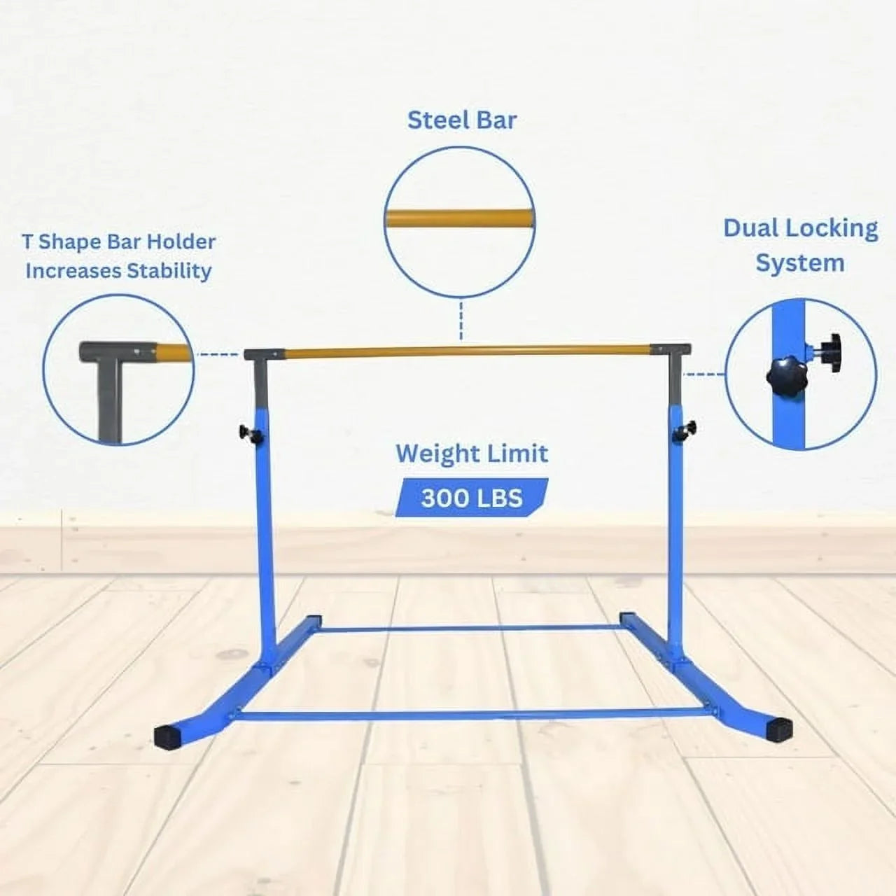 Adjustable Kids Gymnastics Kip Bar; 3-5 FT Height; Robust Legs; Blue - Junior Home Training Equipment