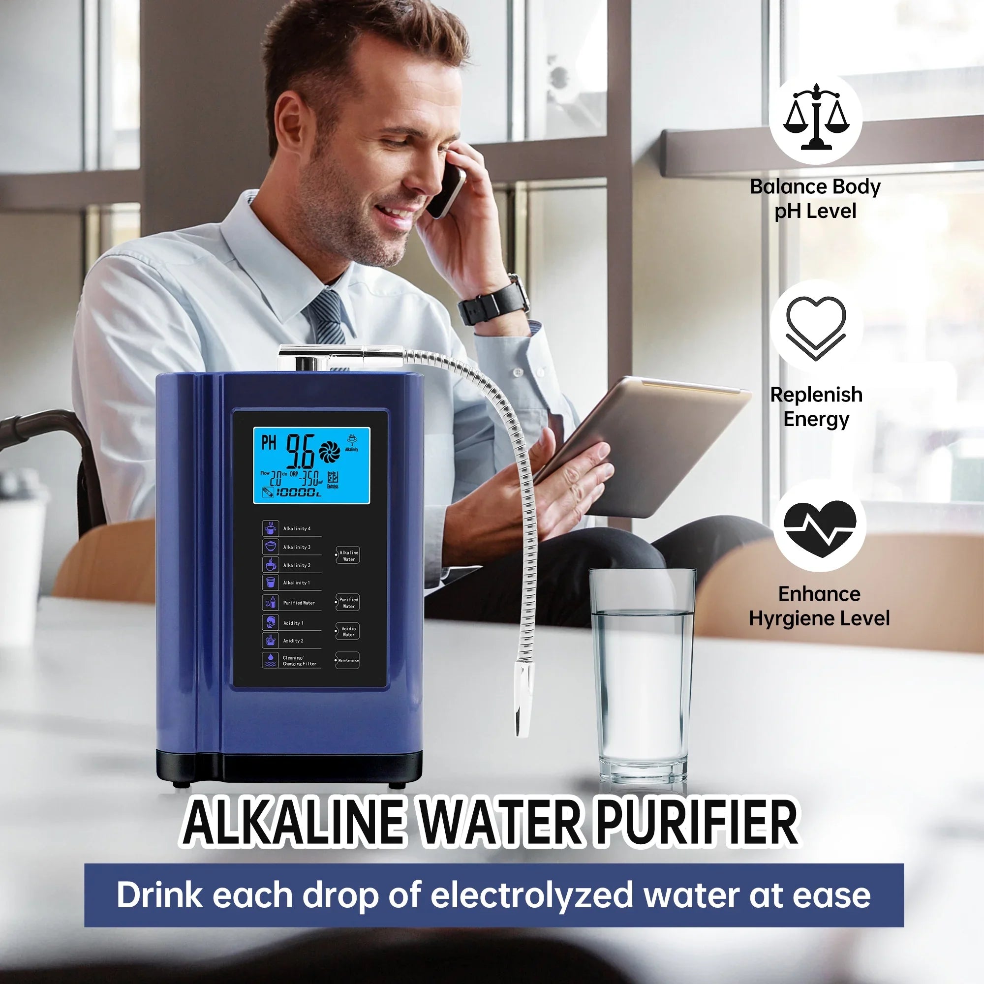 Alka Ionizer; Purifier System PH 3.5-10.5 Alkaline Acid System;Up to -500mV ORP; 8000 Liters Per Filter;7 Settings;Auto-Cleaning;Intelligent Voice (blue )
