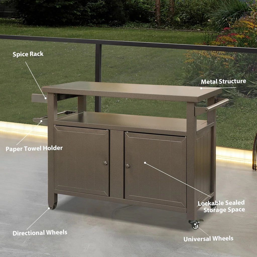 Homiyad Grill Carts Outdoor Storage Cabinet with Wheels; Metal Outdoor Grill Table Kitchen Dining Table Cooking Prep BBQ Table for Patio; Kitchen Island; Home Party; Bar (Brown)