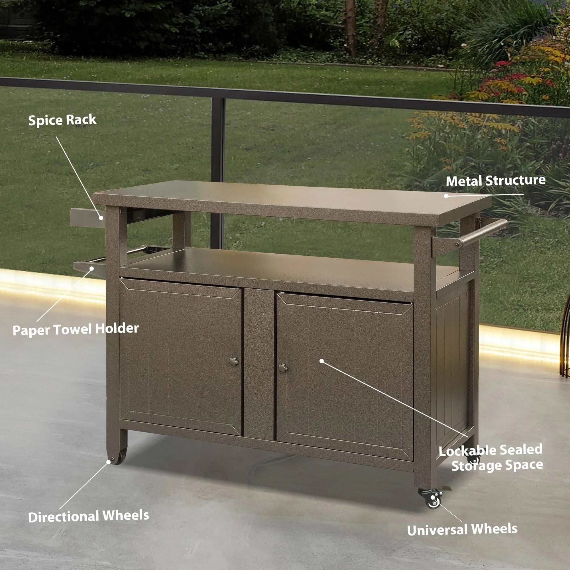 Homiyad Grill Carts Outdoor Storage Cabinet with Wheels; Metal Outdoor Grill Table Kitchen Dining Table Cooking Prep BBQ Table for Patio; Kitchen Island; Home Party; Bar (Brown)