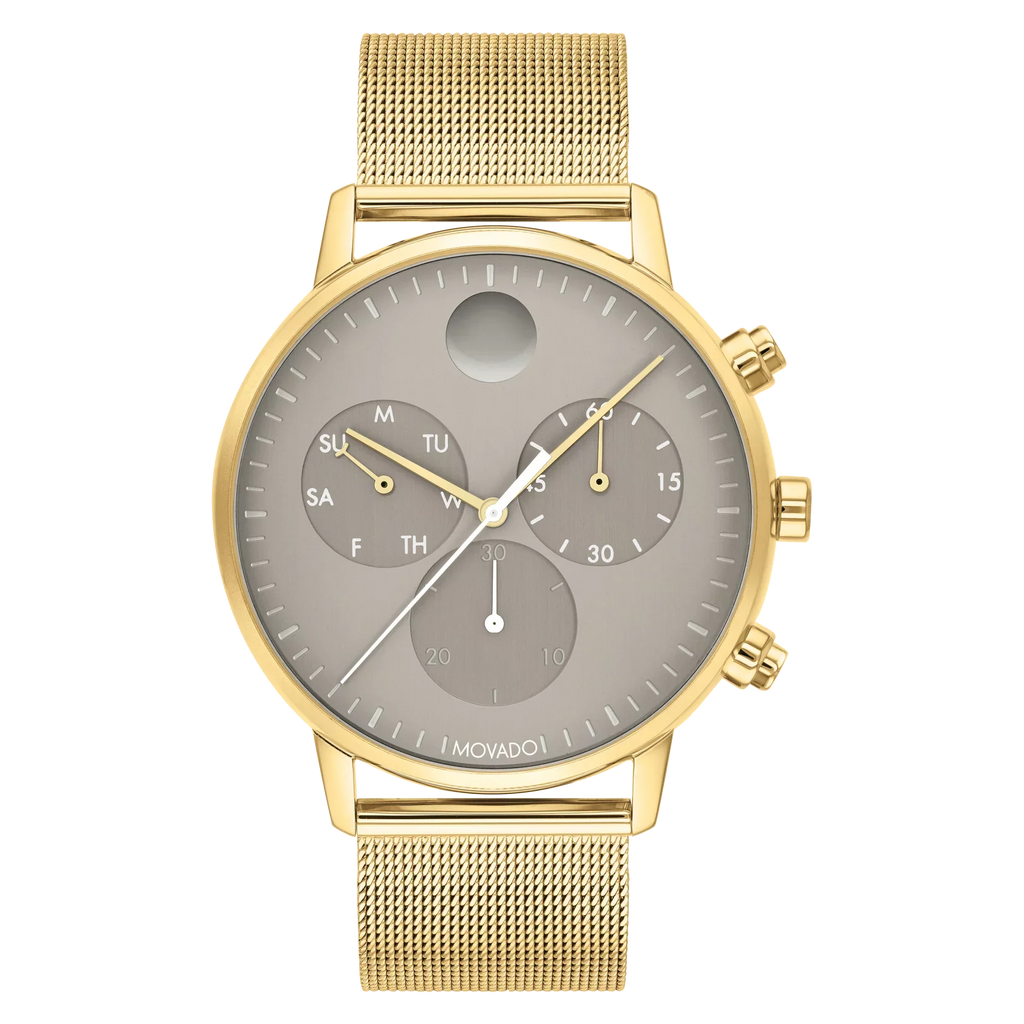 Movado Face 43MM Yellow Gold Ion-Plated Steel Case; Mesh Band Grey Dial Watch 3640052