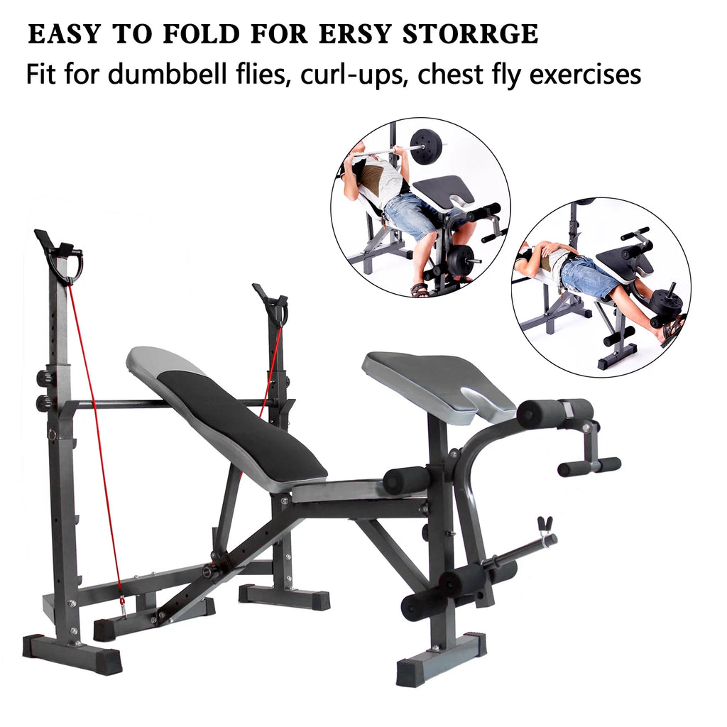US Stock Body Champ Olympic Weight Bench; Workout Equipment for Home Workouts; Bench Press with Preacher Curl; Leg Developer and Crunch Handle for At Home Workouts