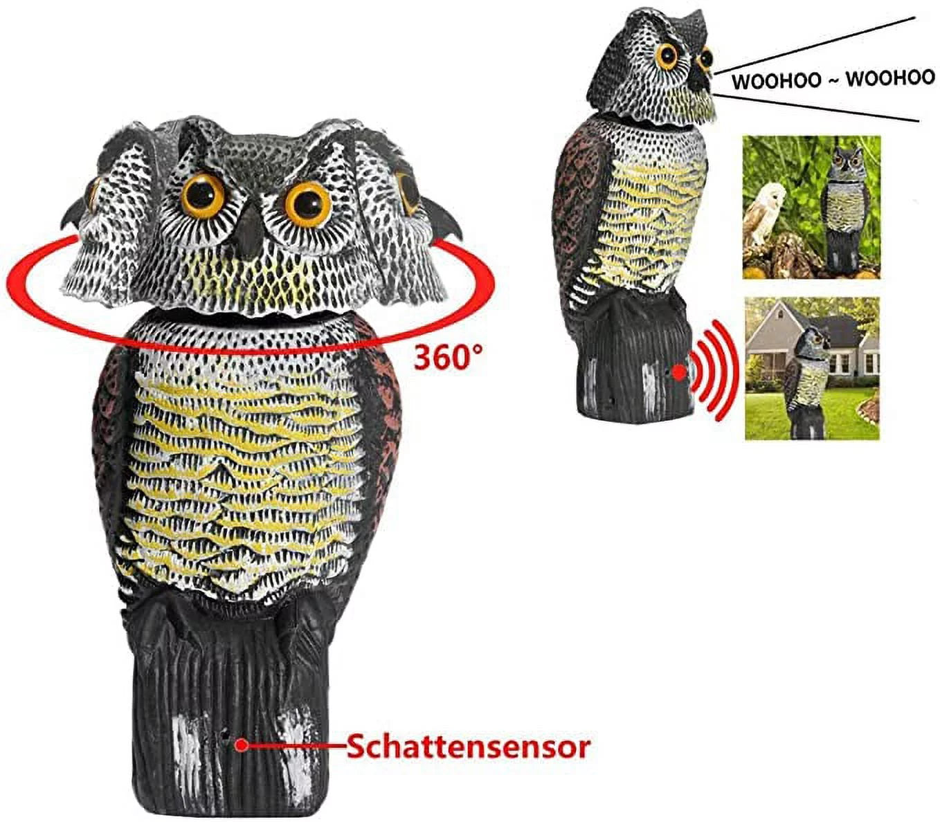 Spring hue Owl Decoy 360 Rotate Head to Scare Birds; Scarecrow Owl Decoy Statue Realistic Scary Sounds & Shadow Fake Owl Outdoor Pest Bird Deterrent for Patio Yard Garden Protector