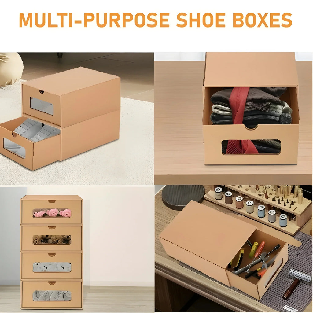tonchean 10 Pack Cardboard Shoe Boxes - Stackable Shoes Storage Organizer Kraft Drawer Boxes with Lids and Transparent Window-Gift
