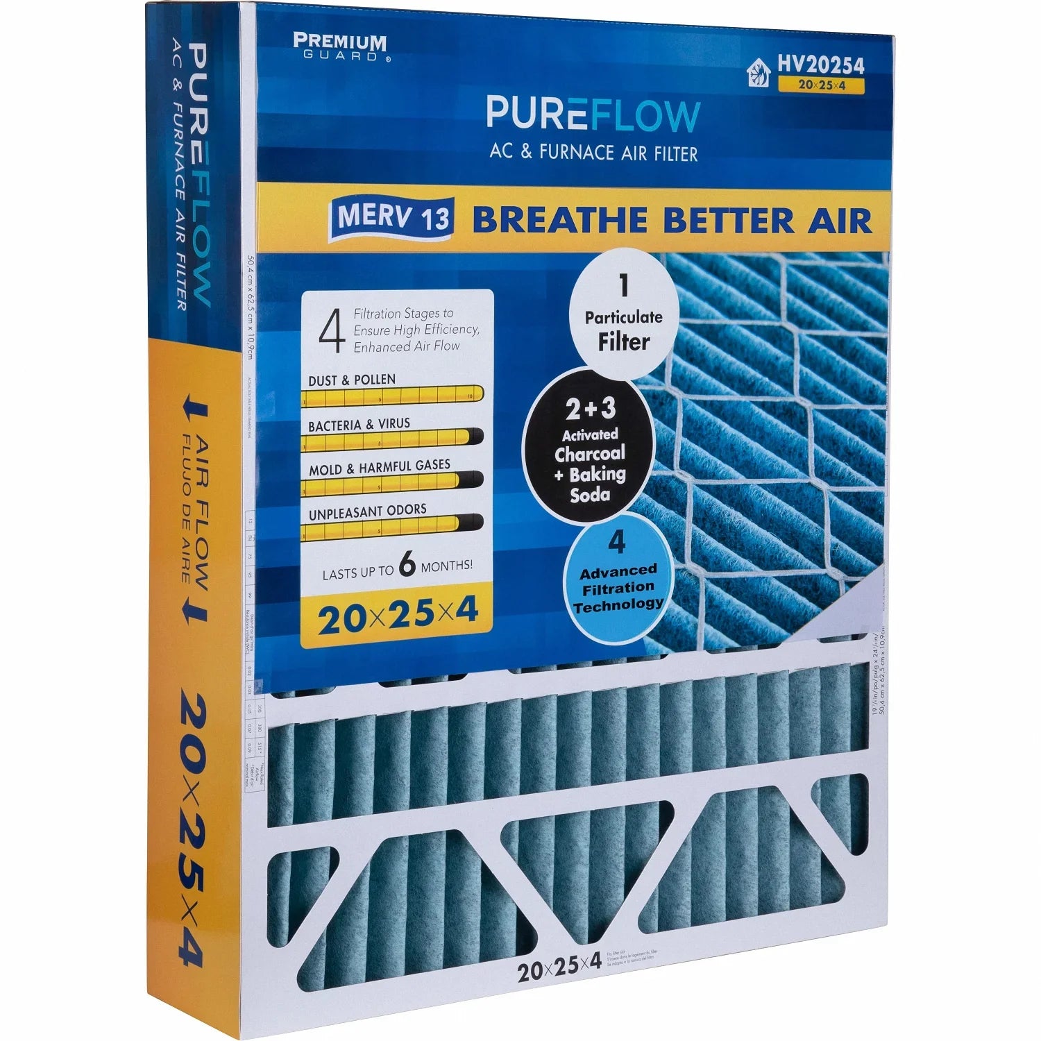 PureFlow; Home Furnace Air Filter 20x25x4; with 4 Layers of Advanced Filtration Technology; MERV-13 Pack-of-2
