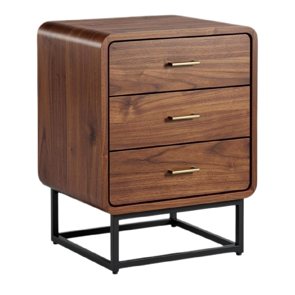 Moderne houten nachttafel met drie lades en metalen onderstel