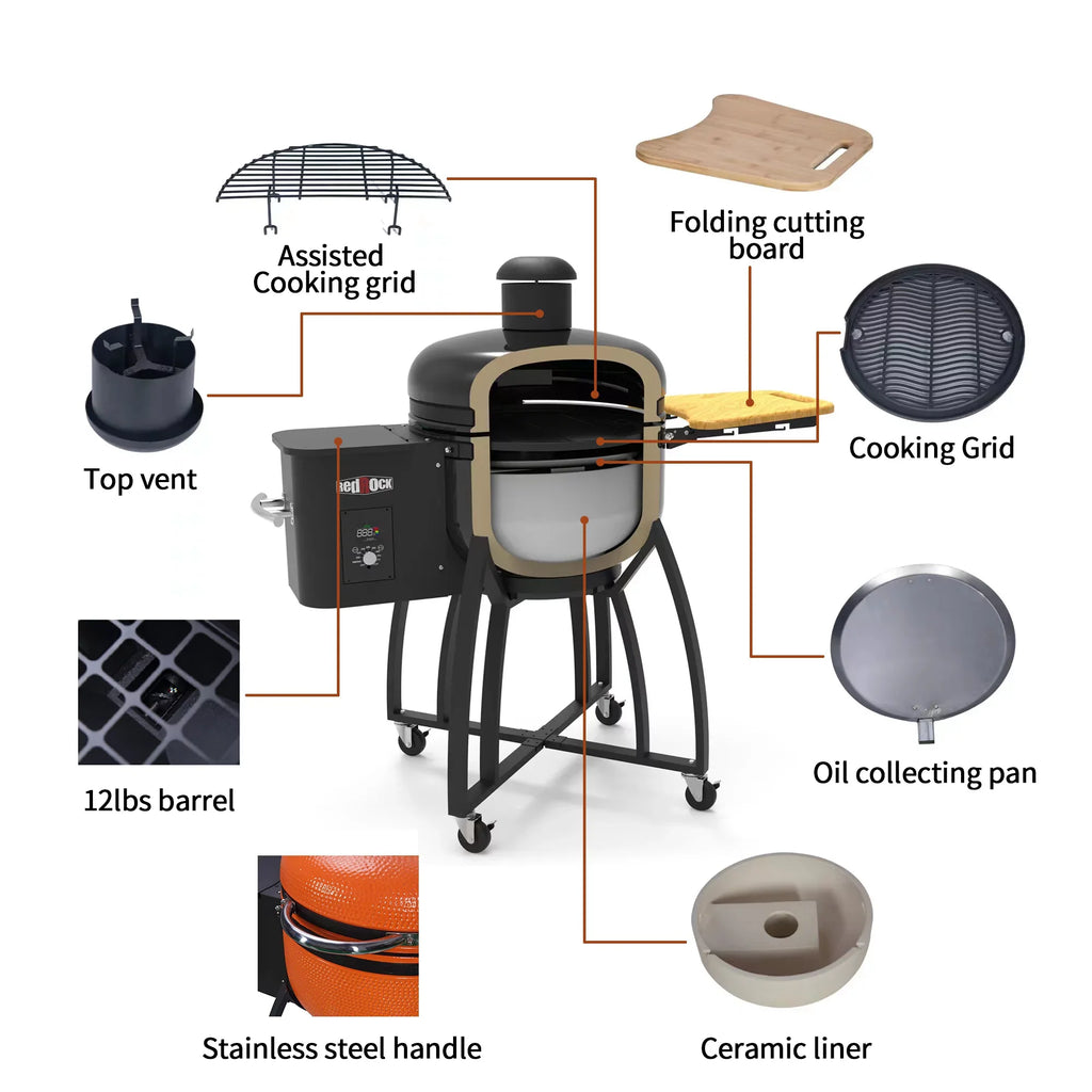 24 "Ceramic Pellet Grill with 19.6" diameter Gridiron Double Ceramic Liner 4-in-1 Smoked Roasted BBQ Pan-roasted for Outdoors Patio;Orange