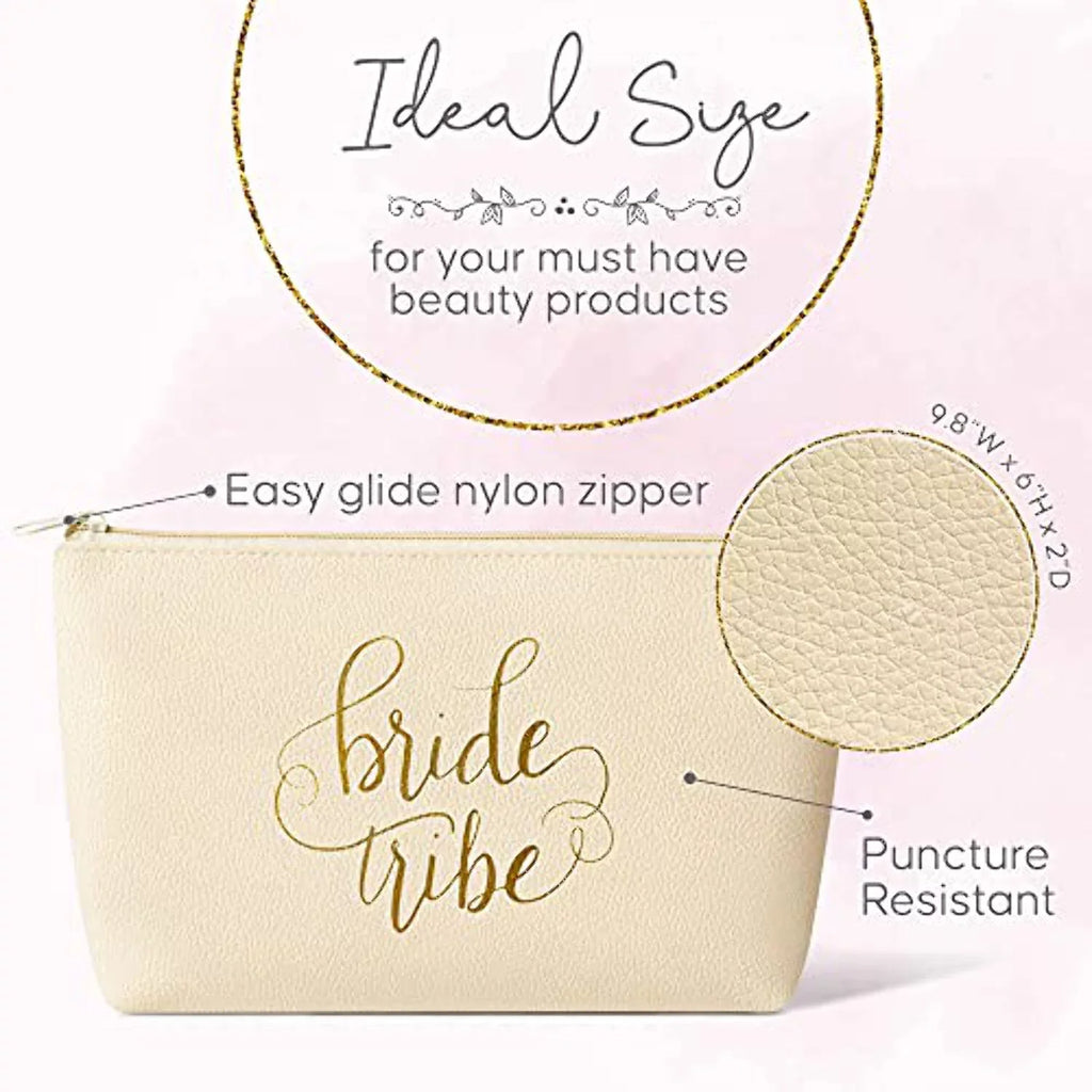 11 Piece Set of Cream Beige Faux Leather Bride and Bridal Party Leather Makeup Bags for Bachelorette Parties; Weddings; and Bridal Showers