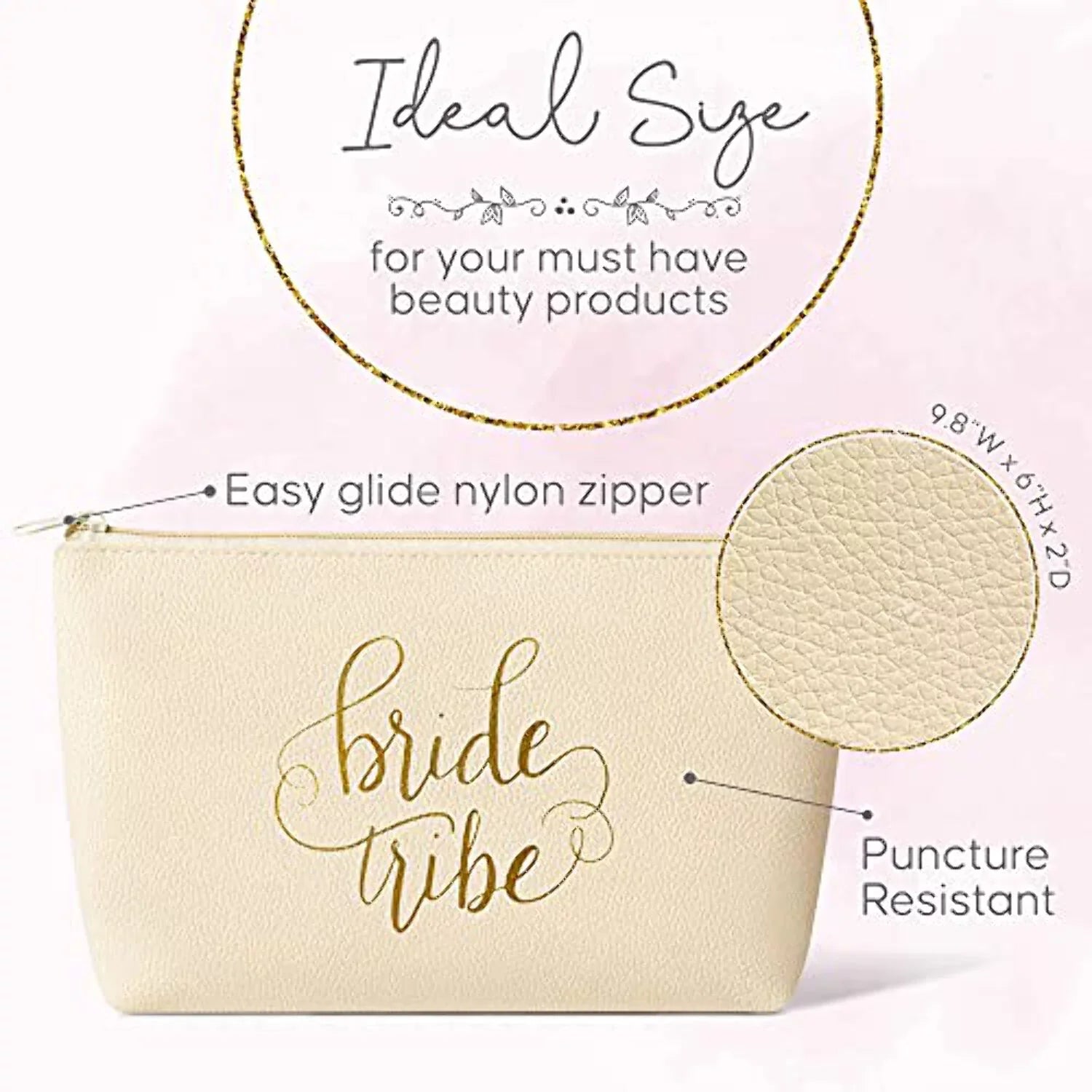 11 Piece Set of Cream Beige Faux Leather Bride and Bridal Party Leather Makeup Bags for Bachelorette Parties; Weddings; and Bridal Showers