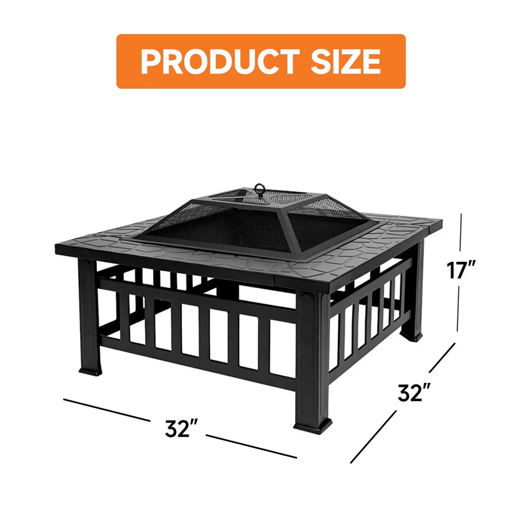 GSE Games & Sports Expert 32" Heavy Duty Square Patio Wood Fire Pit Table with Spark Screen Cover; Log Grate; Liquidproof Cover and Fire Poker for Outdoor Backyard; Garden; Bonfire