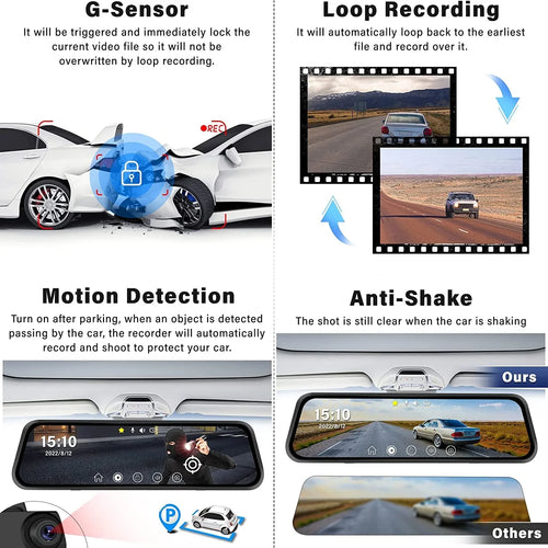 10" Touch Screen Mirror Dash Camera; 1080P Dual Dash Cam Kit Front and Rear View; Backup Camera for Cars; Super Night Vision; Motion Detection;Reversing Assistance; Loop Recording
