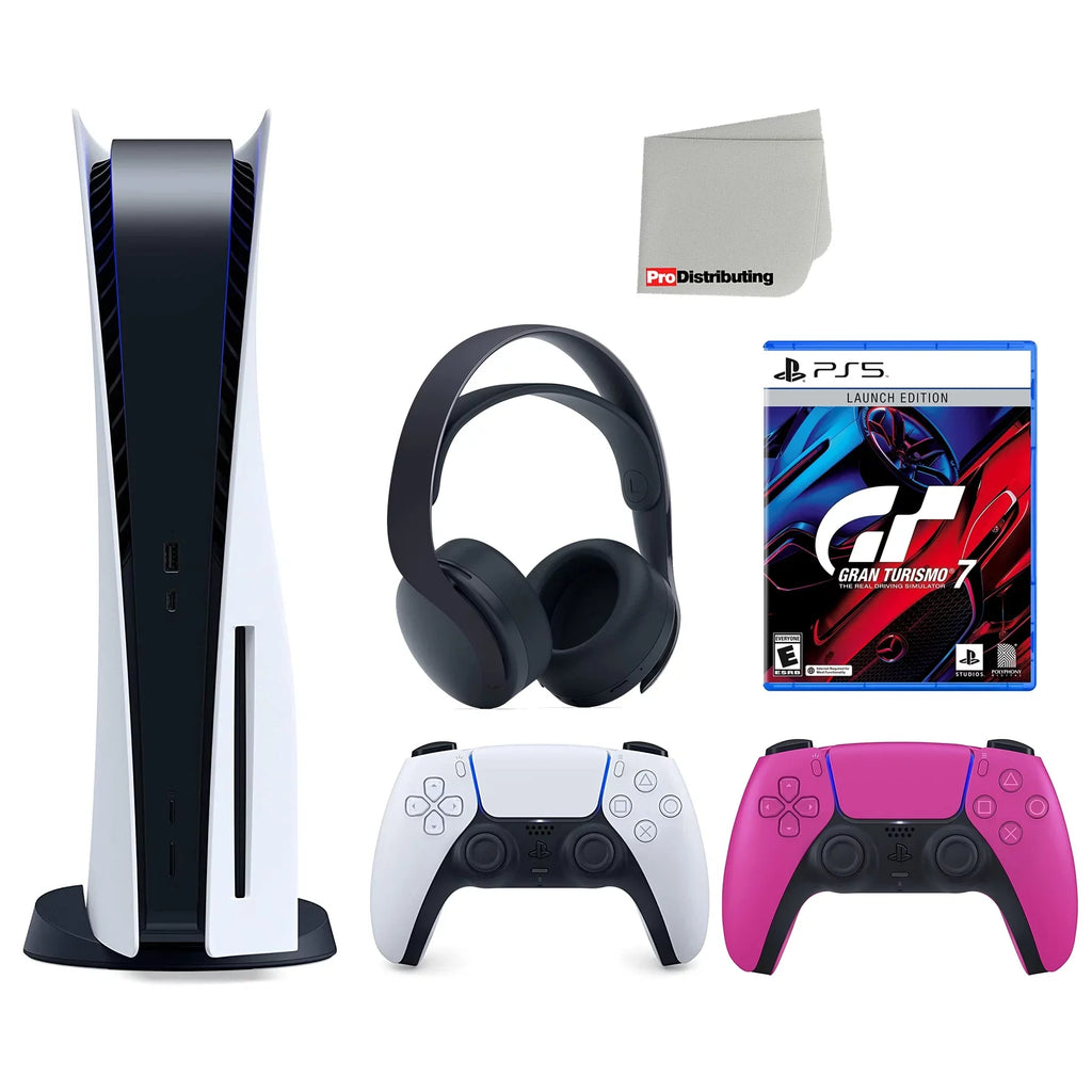 Sony Playstation 5 Disc (PS5 Disc) with Extra Pink Controller; Gran Turismo 7 Launch Edition and Black PULSE 3D Headset Bundle with Cleaning Cloth