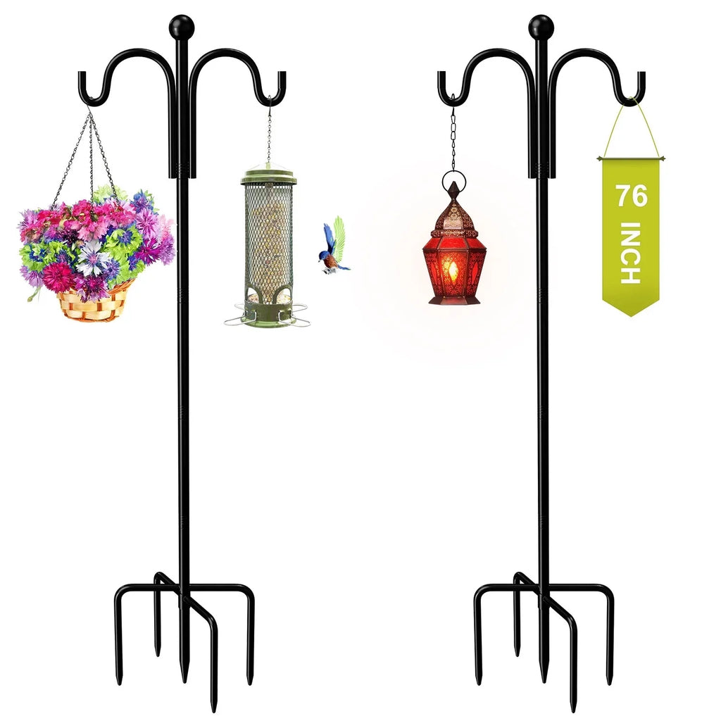 Shepherds Hooks for Outdoor; 76" Double Bird Feeder Poles with 5 Prongs; Upgraded Outdoor Plant Hanger Hooks for Bird Feeder; Plant Baskets(2 Pack)