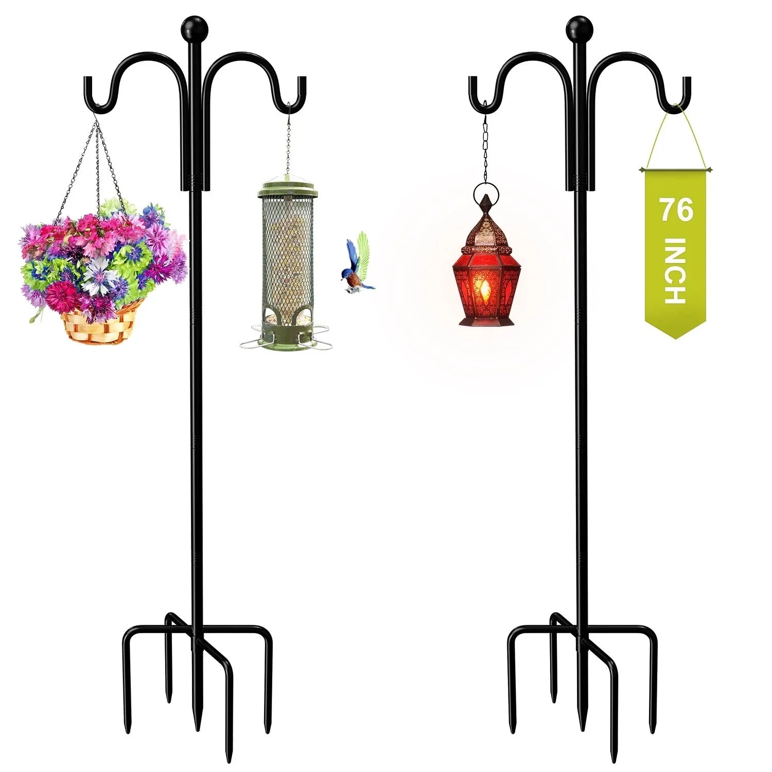 Shepherds Hooks for Outdoor; 76" Double Bird Feeder Poles with 5 Prongs; Upgraded Outdoor Plant Hanger Hooks for Bird Feeder; Plant Baskets(2 Pack)