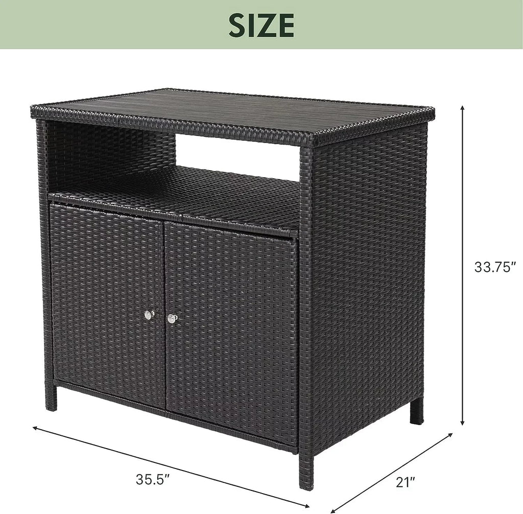 Indoor Outdoor 2-Door Wicker Storage Cabinet with Shelf; Powder Coated Steel; All Weather Resin Wicker; Dark Brown