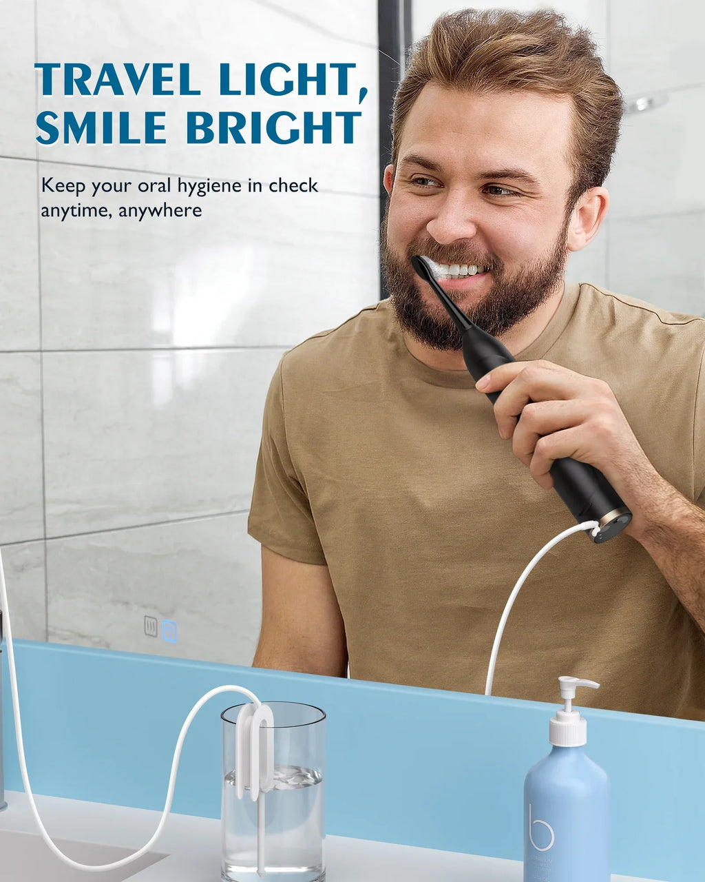 AGPTEK Flosser and Current-activated Toothbrush Combo; 2 in 1 Cordless Flosser & Sonic Toothbrush with 5 Levels for Teeth; Gums; Braces - 14 Days Battery Life; 500ML; IPX7 Fluidproof