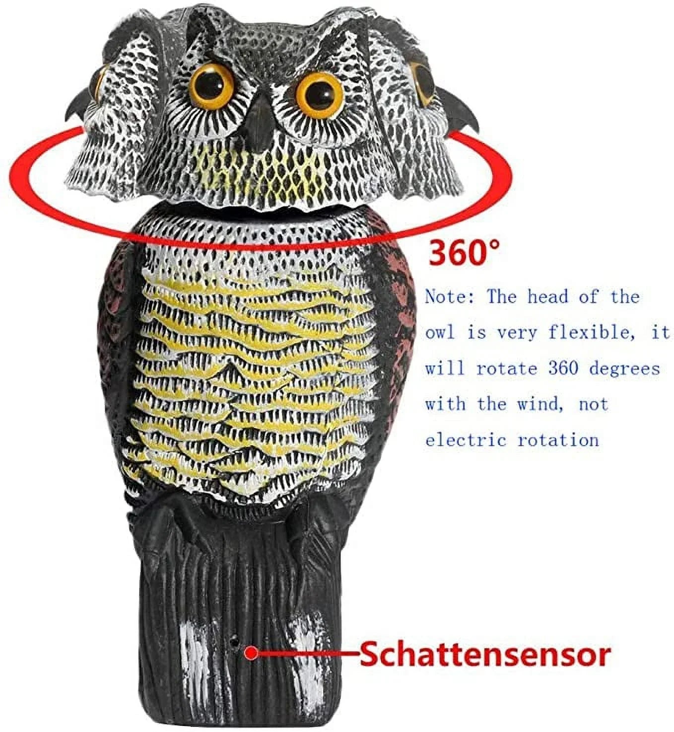 Spring hue Owl Decoy 360 Rotate Head to Scare Birds; Scarecrow Owl Decoy Statue Realistic Scary Sounds & Shadow Fake Owl Outdoor Pest Bird Deterrent for Patio Yard Garden Protector