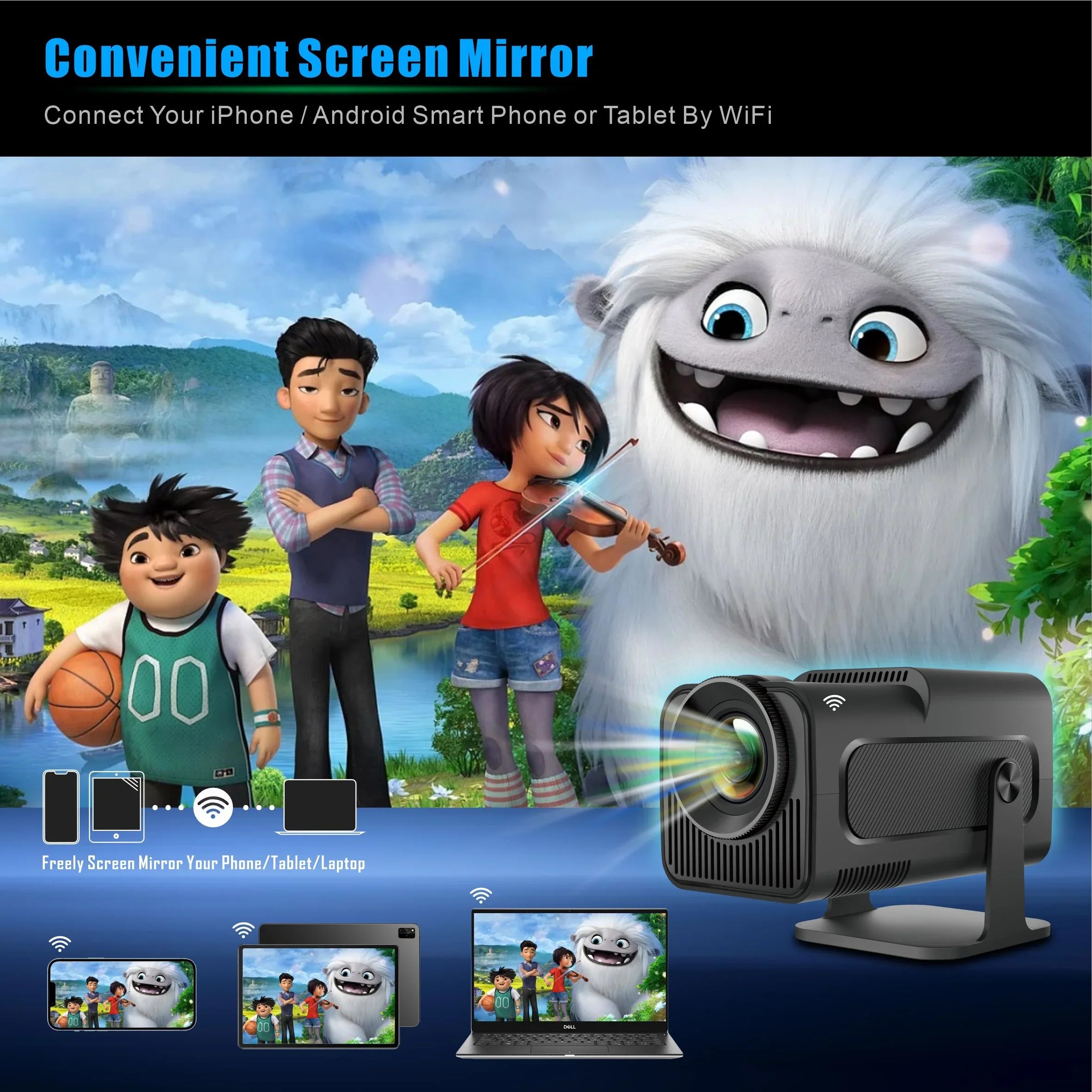 Yinzam HY320 Native 1080P Full HD Home Projector; 180 Rotating LED Android 11 5G WiFi 6 Bluetoth 5 Auto Keystone MAX 4K Projector