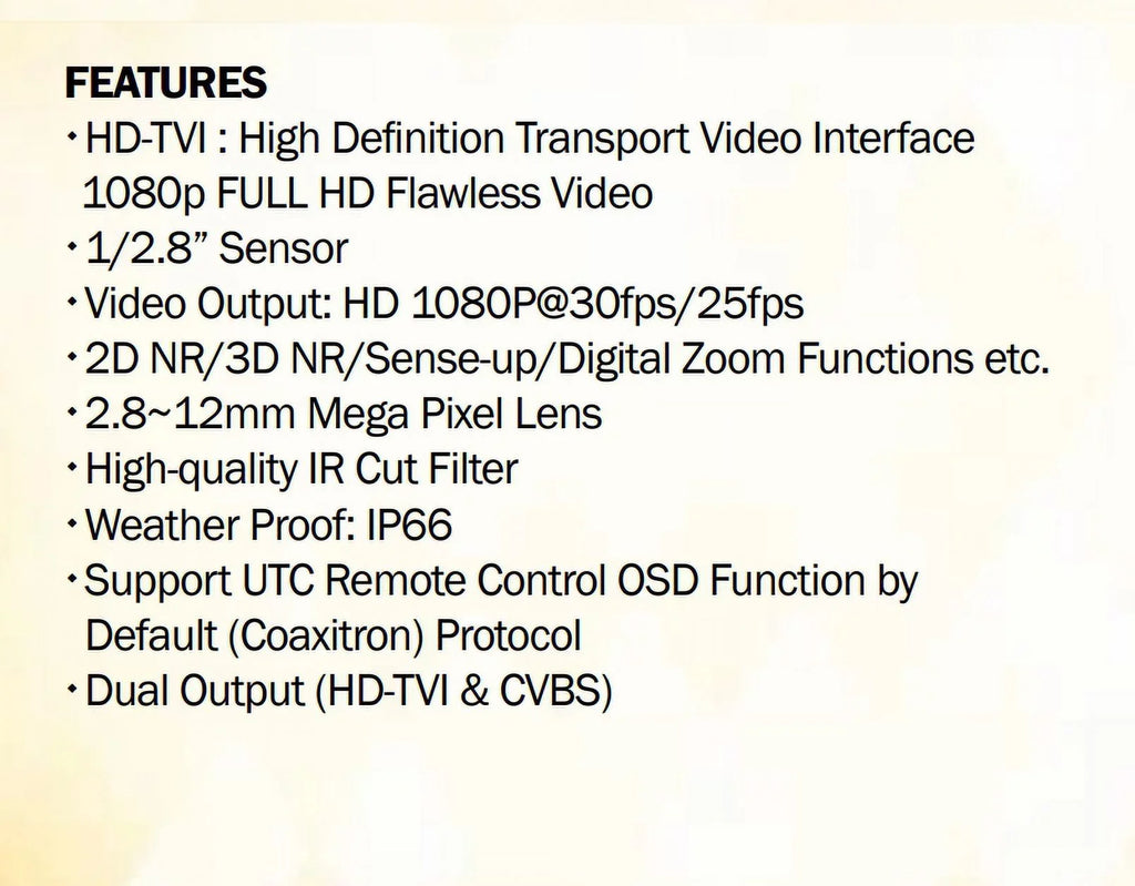 Eyemax TIR-1412V-B HD-TVI 2MP Outdoor Bullet Camera; 2.8-12mm; 42 IR LED 12V DC; Sense-up