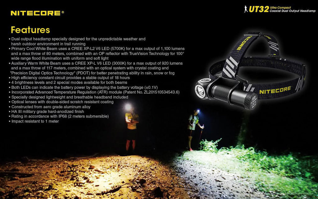 Nitecore UT32 Dual Emitter Headlamp - XP-L2 V6 (5700K; Cool White) - XP-L V6 (3000K; Warm White)