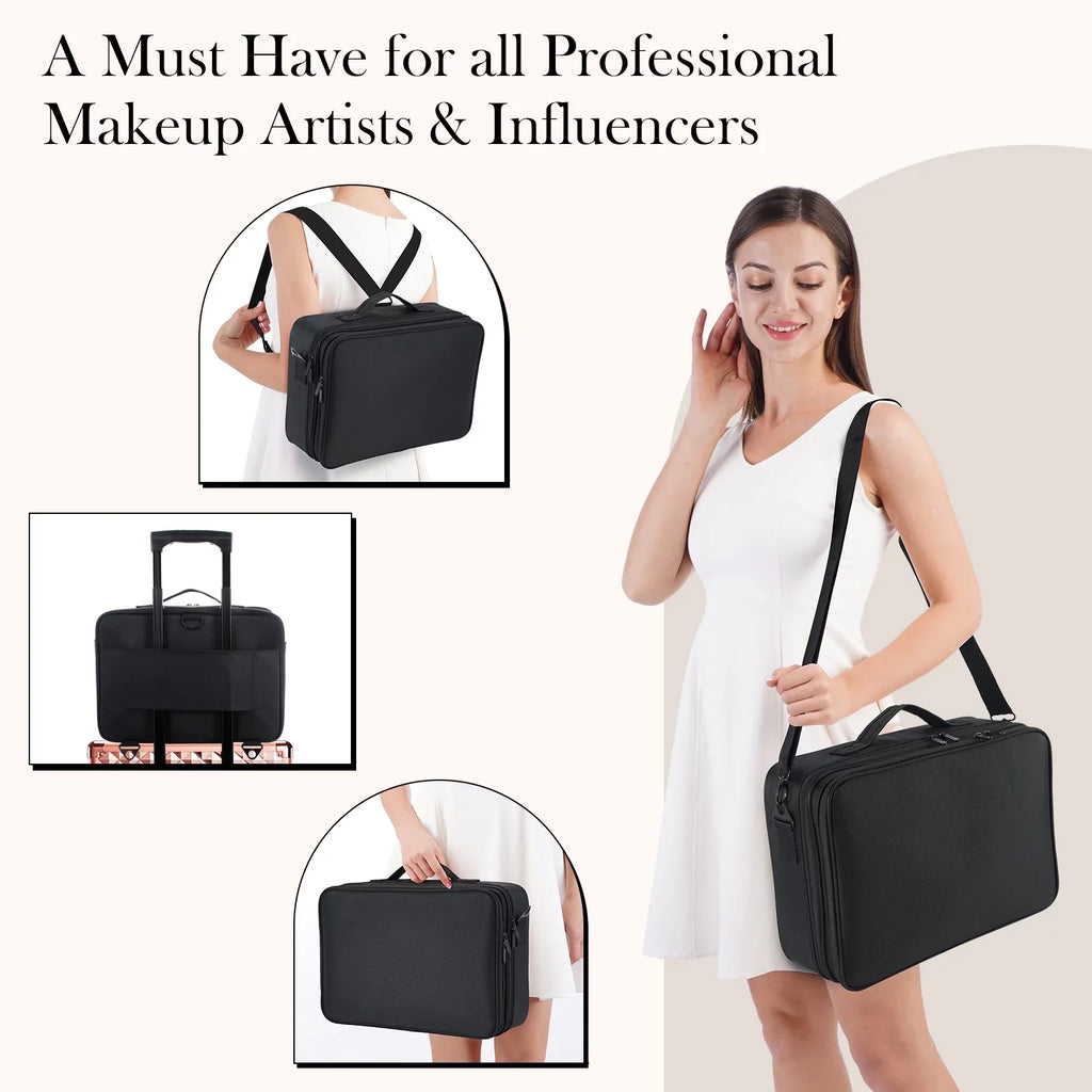 Extra Large Travel Makeup Bag Cosmetic Case Organizer Beauty Train Case with Shoulder Strap and Dividers Compartment; Black