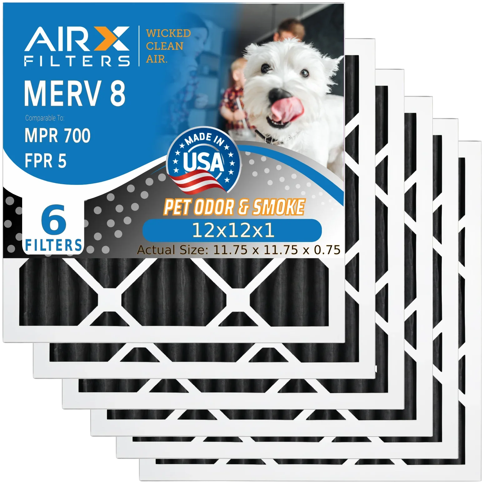 12x12x1 Air Filter Odor Eliminator Carbon Filter MERV 8 Comparable to MPR 700 & FPR 5 AC HVAC Premium USA Made 12x12x1 Furnace Filters by AIRX FILTERS WICKED CLEAN AIR. 6 Pack
