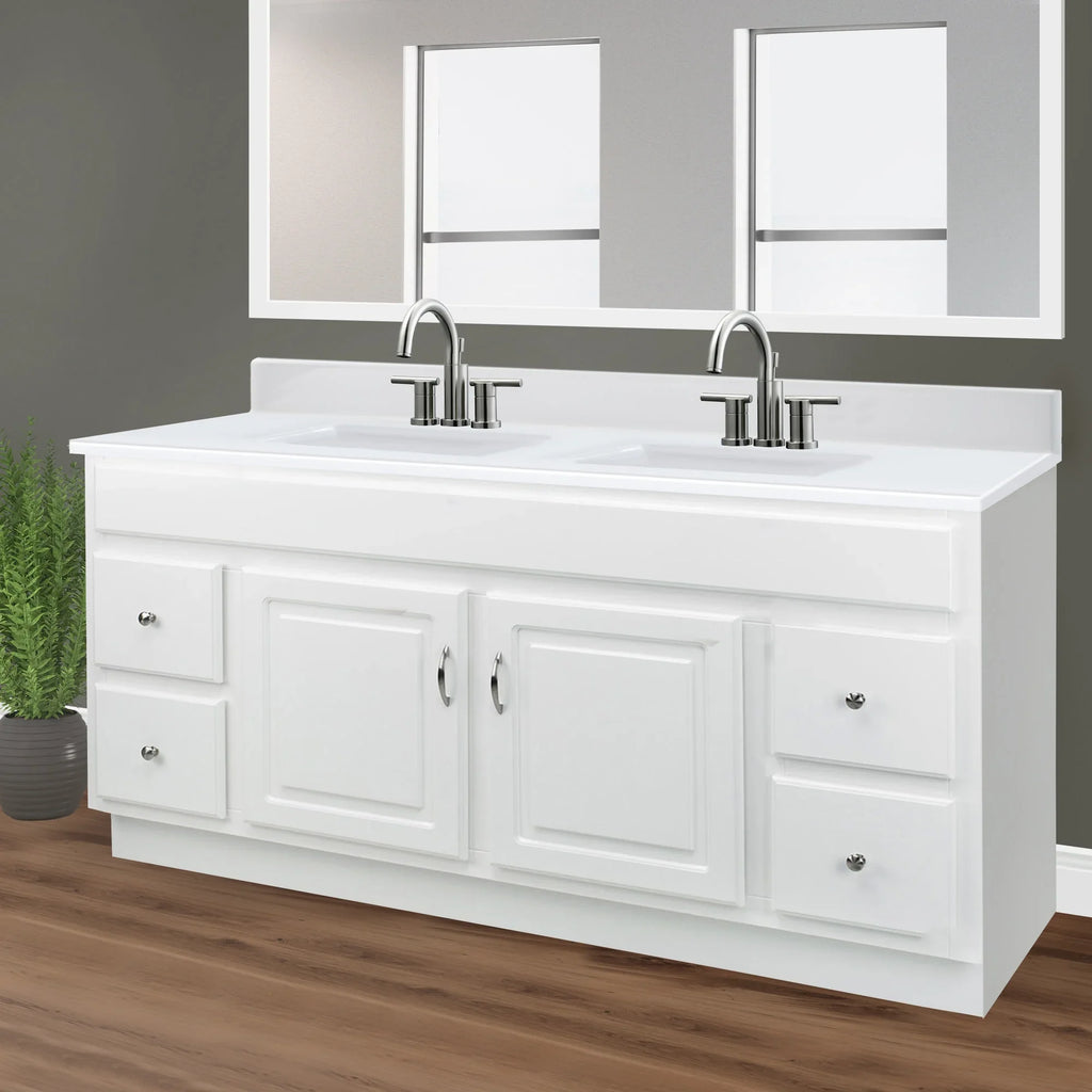 Design House 557678-WHT 61-inch Camilla Cultured Marble Centerset Mount Rectangle Double Bowl Vanity Top with Integrated Backsplash; Solid White