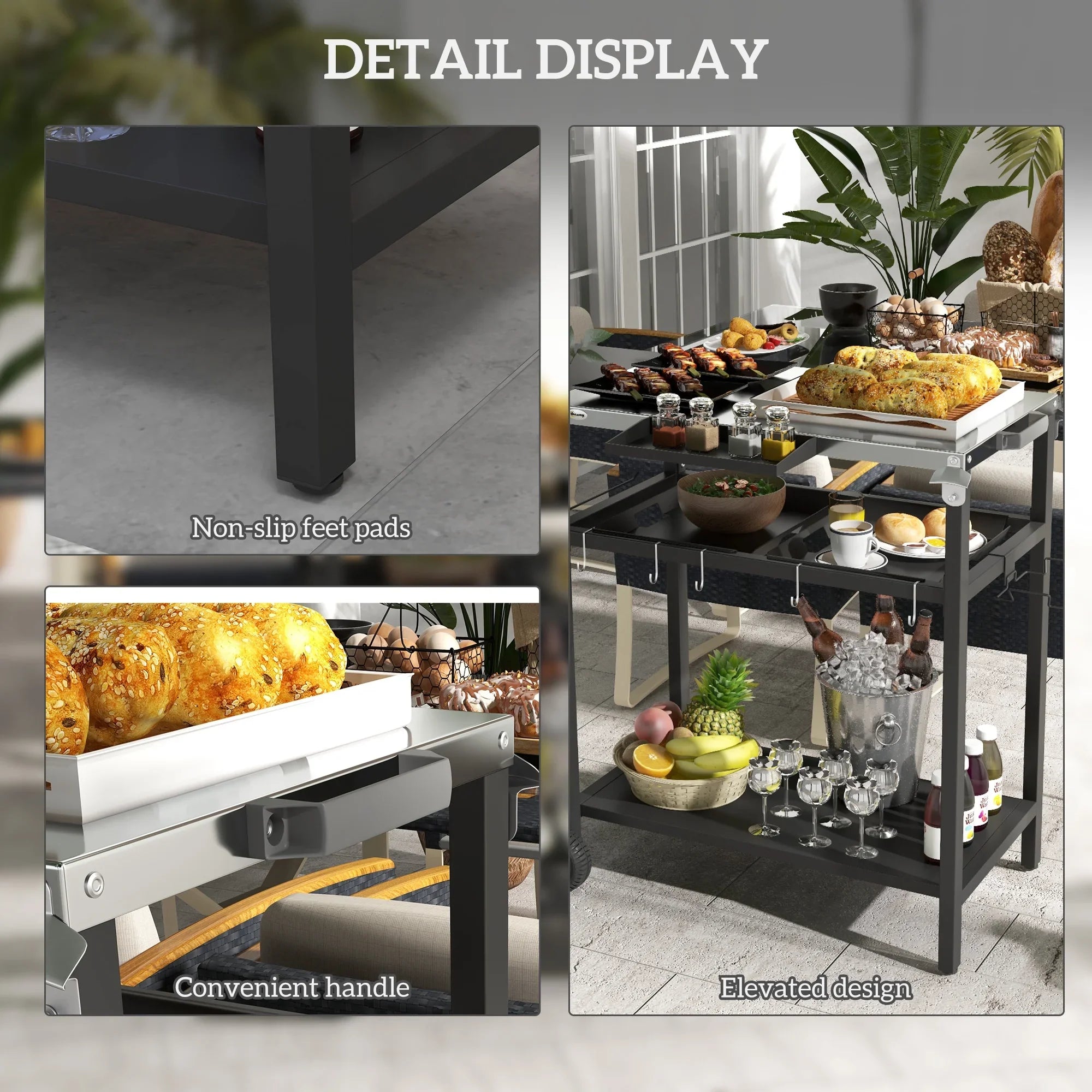 Outdoor Bar Cart with Stainless Steel Tabletop; Kitchen Island with Wheels; 2 Tiers & Seasoning Shelf; Patio Serving Cart with Hooks; Towel & Garbage Bag Holder; Plates & Spice Jars; Black