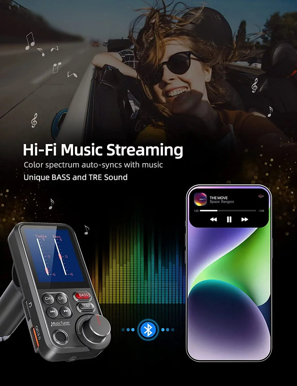 FM Bluetooth Transmitter for car; Strong Microphone Bluetooth Car Adapter with 1.8" Color Screen for Hands Free Calls; Supports QC3.0 Charging; Treble and Bass Sound Music Player- KM30