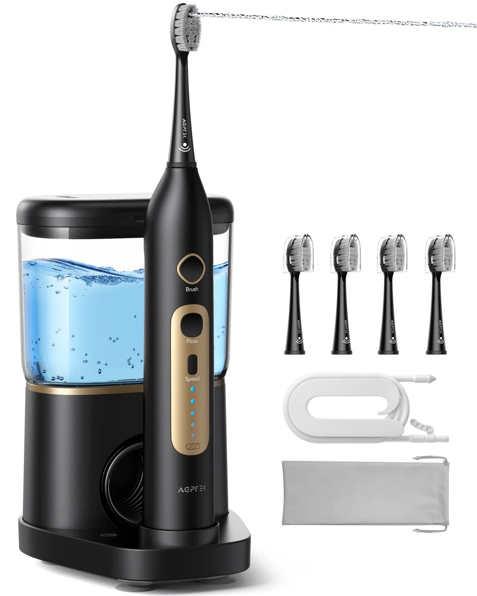 AGPTEK Flosser and Current-activated Toothbrush Combo; 2 in 1 Cordless Flosser & Sonic Toothbrush with 5 Levels for Teeth; Gums; Braces - 14 Days Battery Life; 500ML; IPX7 Fluidproof