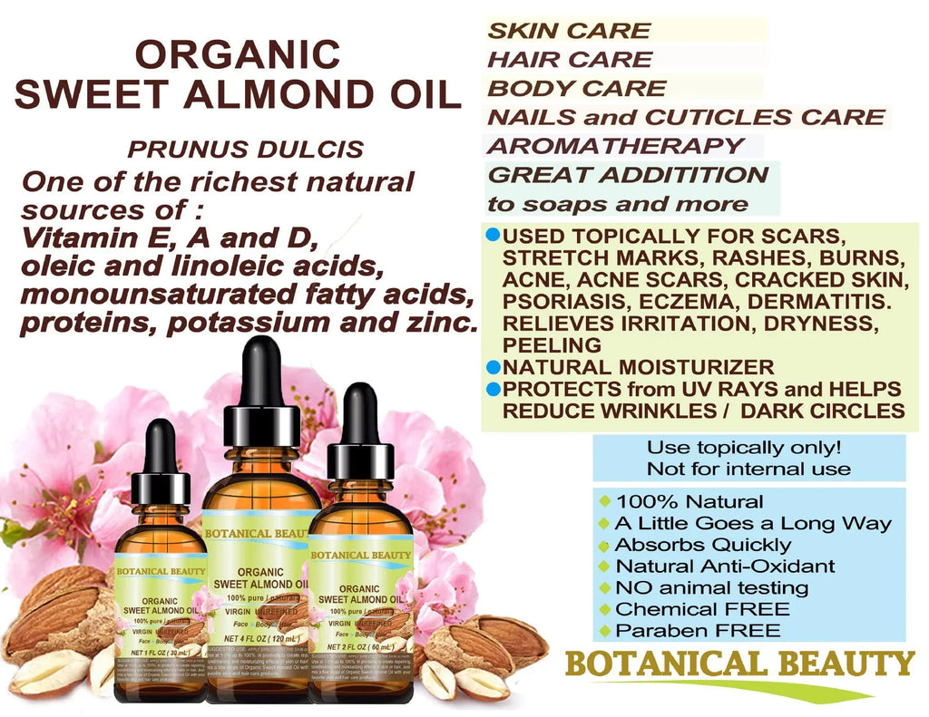 Botanical Beauty Organic Sweet Almond Oil 100% Pure/Virgin/Unrefined Cold Pressed Carrier Oil. 2 Oz-60 Ml. For Face; Hair And Body.