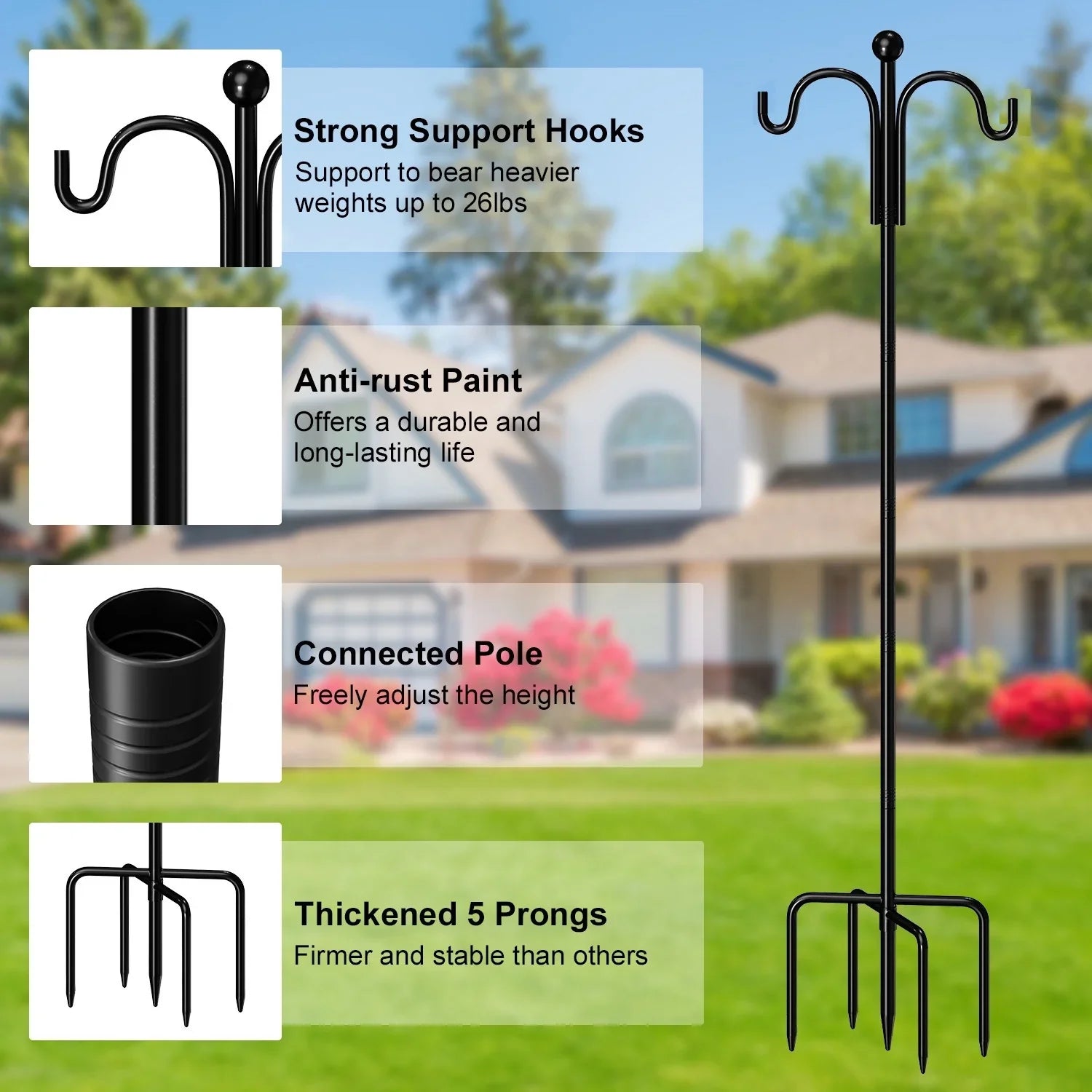 Shepherds Hooks for Outdoor; 76" Double Bird Feeder Poles with 5 Prongs; Upgraded Outdoor Plant Hanger Hooks for Bird Feeder; Plant Baskets(2 Pack)