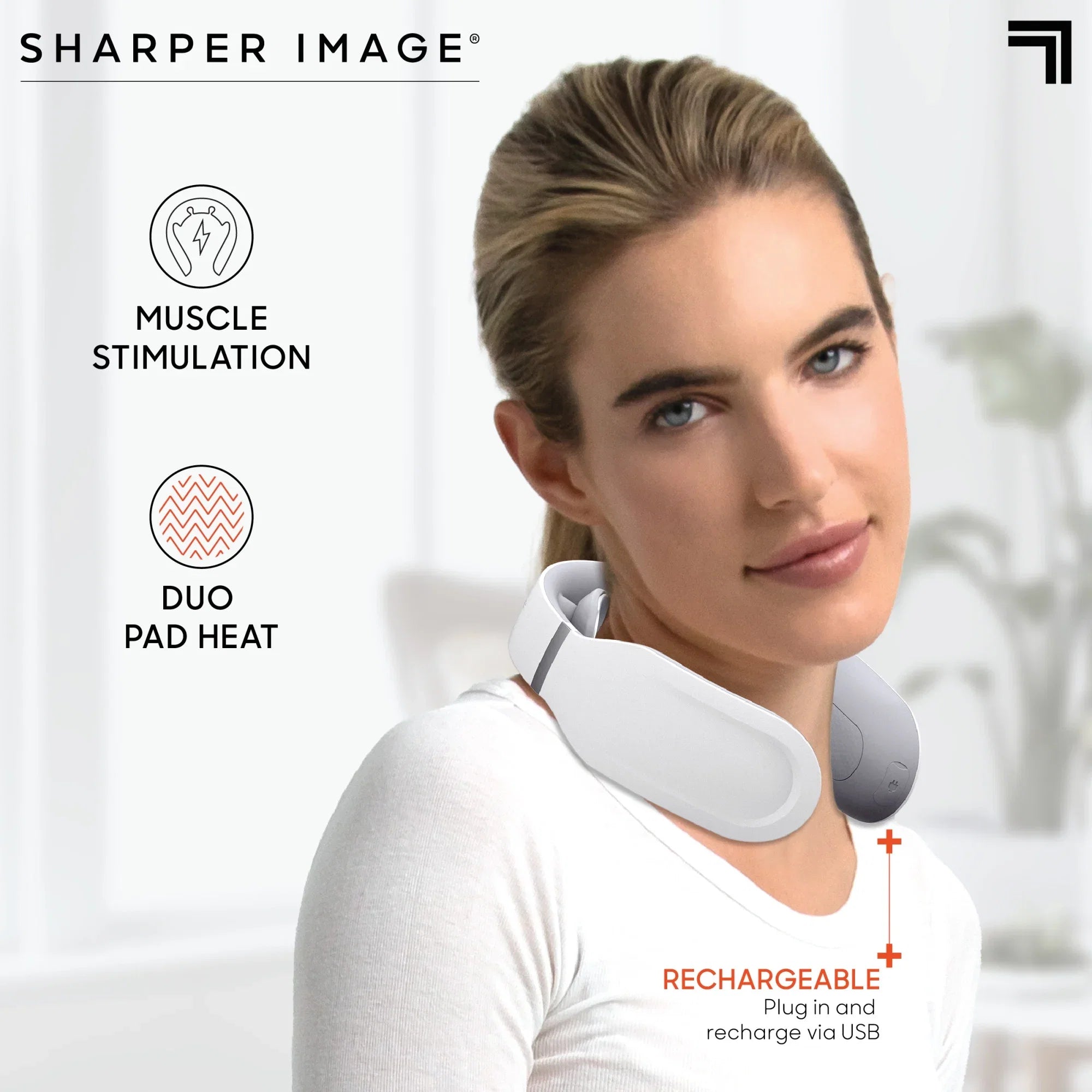 Sharper Image® Neck Tens Muscle Stimulator with Soothing Heat & Wireless Remote; Pain Relief Therapy With 3 Massage Modes & 15 Intensity Levels; USB Rechargeable; 4 Hour Battery Life