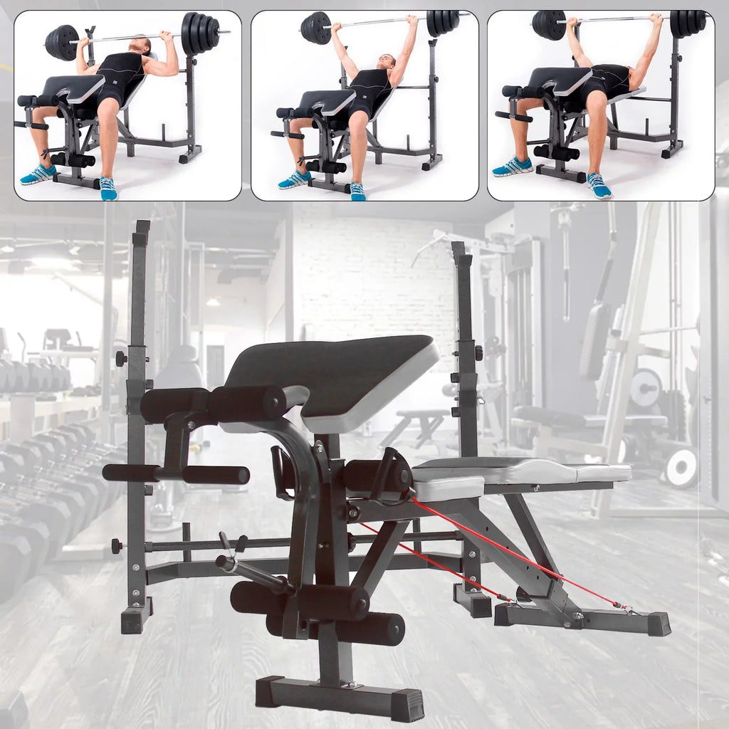 US Stock Body Champ Olympic Weight Bench; Workout Equipment for Home Workouts; Bench Press with Preacher Curl; Leg Developer and Crunch Handle for At Home Workouts