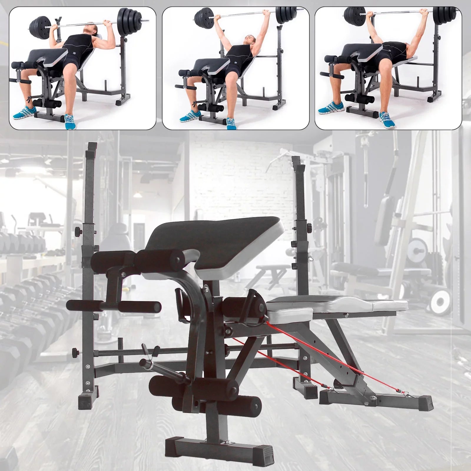 US Stock Body Champ Olympic Weight Bench; Workout Equipment for Home Workouts; Bench Press with Preacher Curl; Leg Developer and Crunch Handle for At Home Workouts