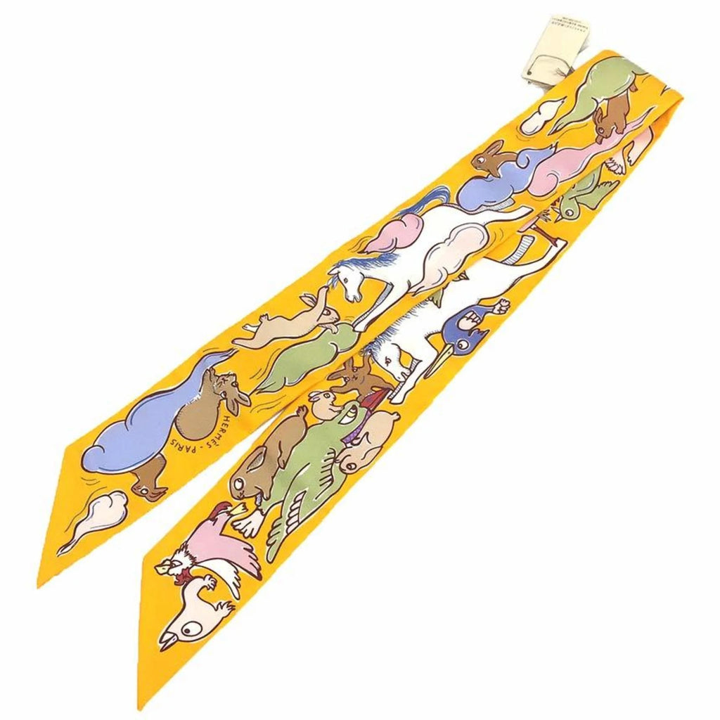 Pre-Owned HERMES Twilly Scarf Muffler Thousand and One Rabbits Mille et Un Lapins 2023 H064007S 04 Bouton D’or/Parm/Beige 100% Silk Hermes (Like New)
