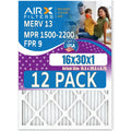 16x30x1 Air Filter MERV 13 Rating; 12 Pack of Furnace Filters Comparable to MPR 1500 - 2200 & FPR 9 - Made in USA by AIRX FILTERS WICKED CLEAN AIR.