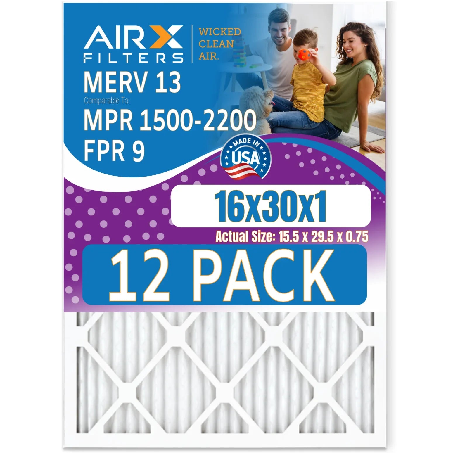 16x30x1 Air Filter MERV 13 Rating; 12 Pack of Furnace Filters Comparable to MPR 1500 - 2200 & FPR 9 - Made in USA by AIRX FILTERS WICKED CLEAN AIR.