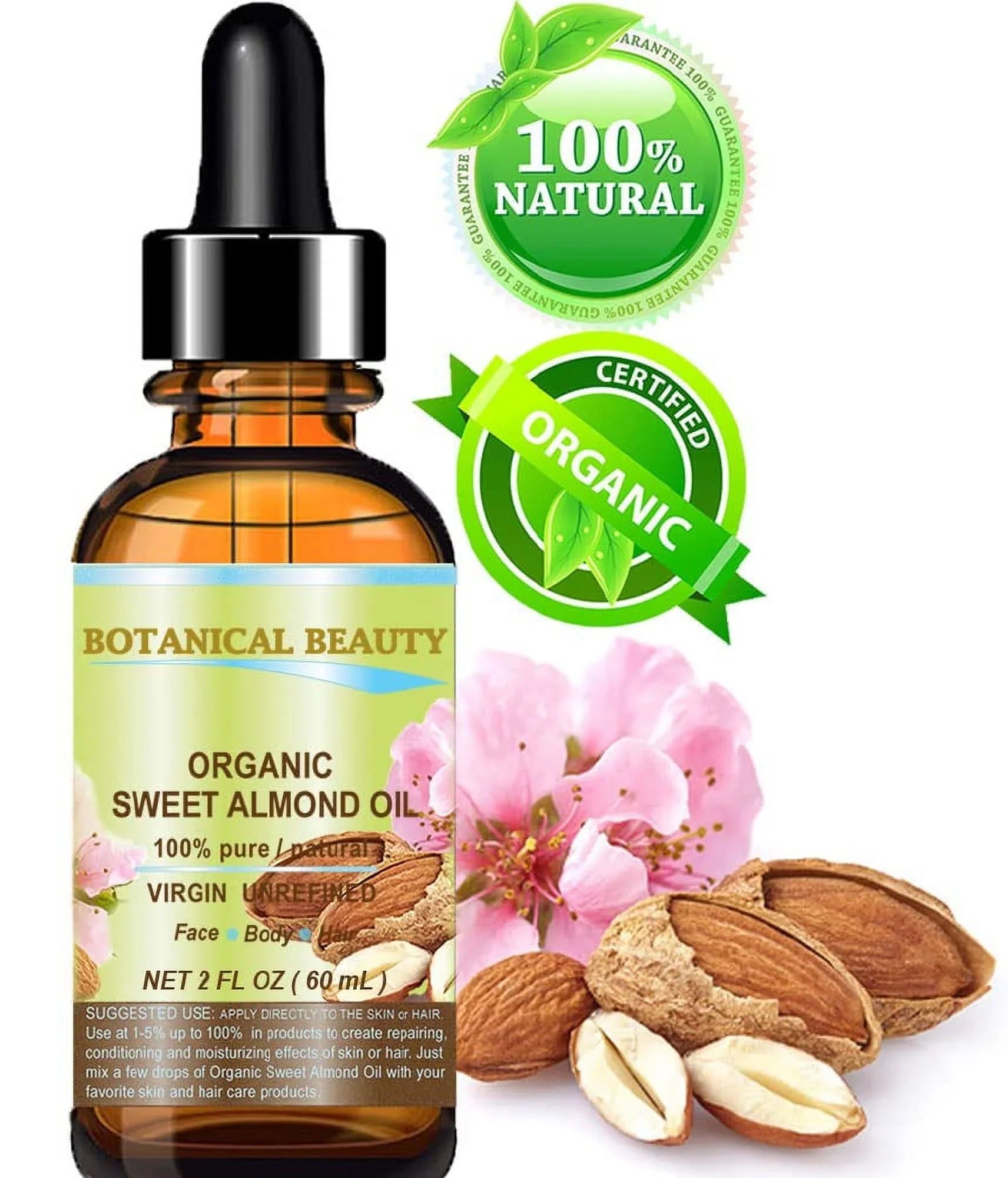 Botanical Beauty Organic Sweet Almond Oil 100% Pure/Virgin/Unrefined Cold Pressed Carrier Oil. 2 Oz-60 Ml. For Face; Hair And Body.