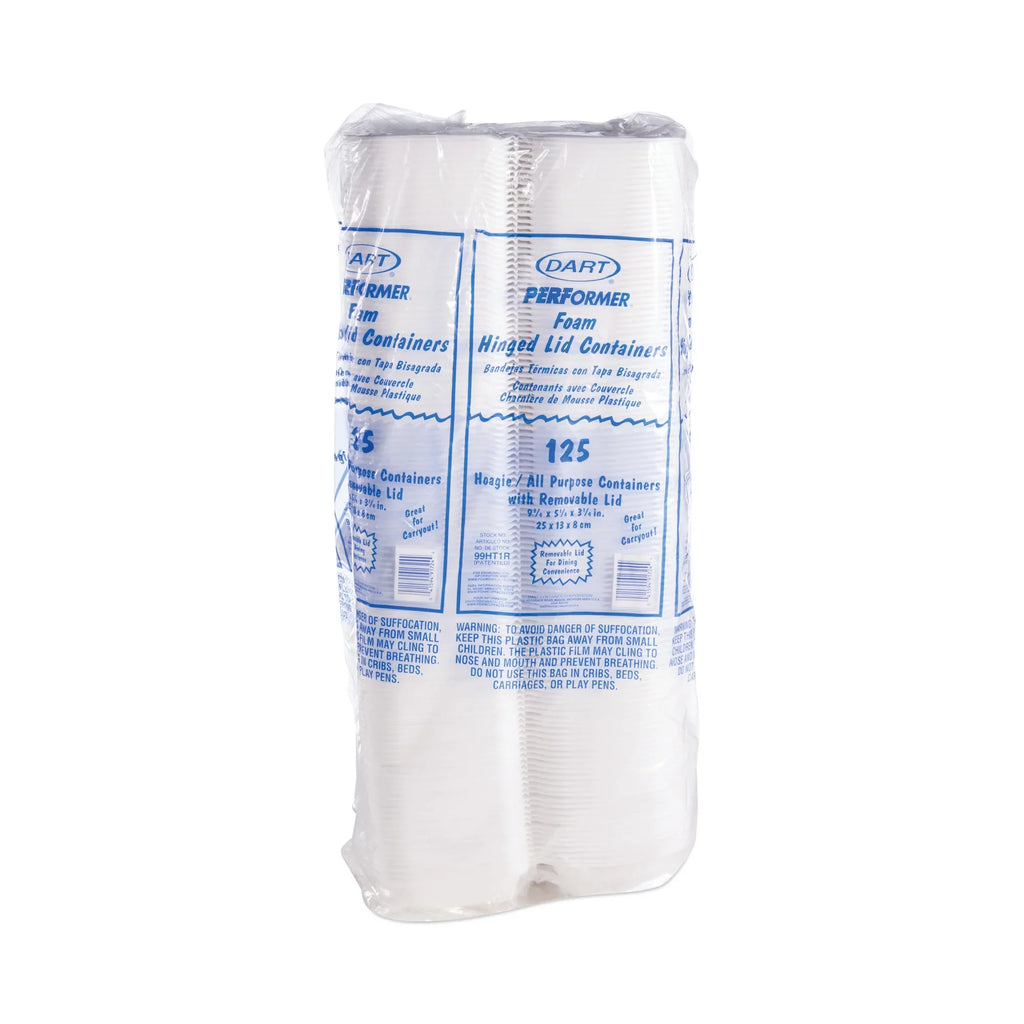 Dart Foam Hinged Lid Container; Hoagie Container with Removable Lid; 5.3 x 9.8 x 3.3; White; 125/Bag; 4 Bags/Carton -DCC99HT1R