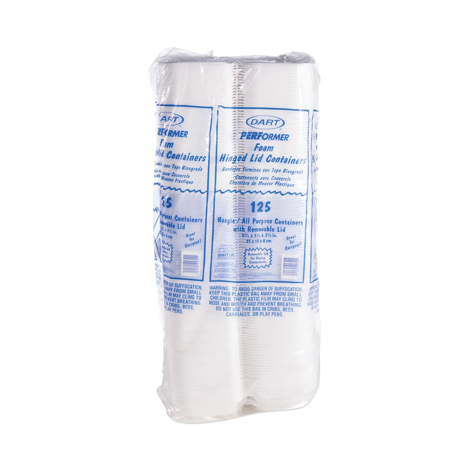 Dart Foam Hinged Lid Container; Hoagie Container with Removable Lid; 5.3 x 9.8 x 3.3; White; 125/Bag; 4 Bags/Carton -DCC99HT1R
