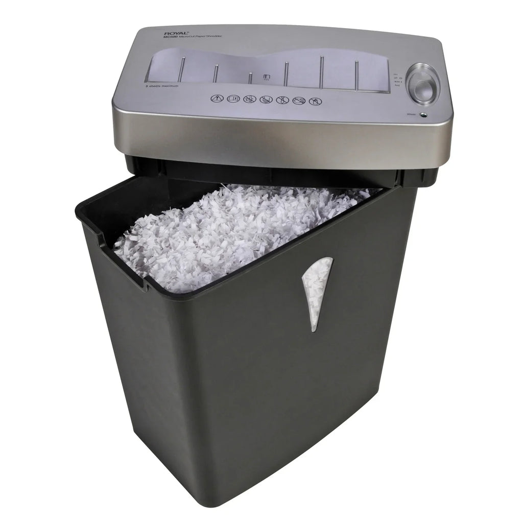 Royal MC500 Paper Shredder - Micro Cut - 5 Per Pass - for shredding Paper; Credit Card - 0.157" x 0.394" Shred Size - 4 gal Wastebin Capacity - Black; Silver