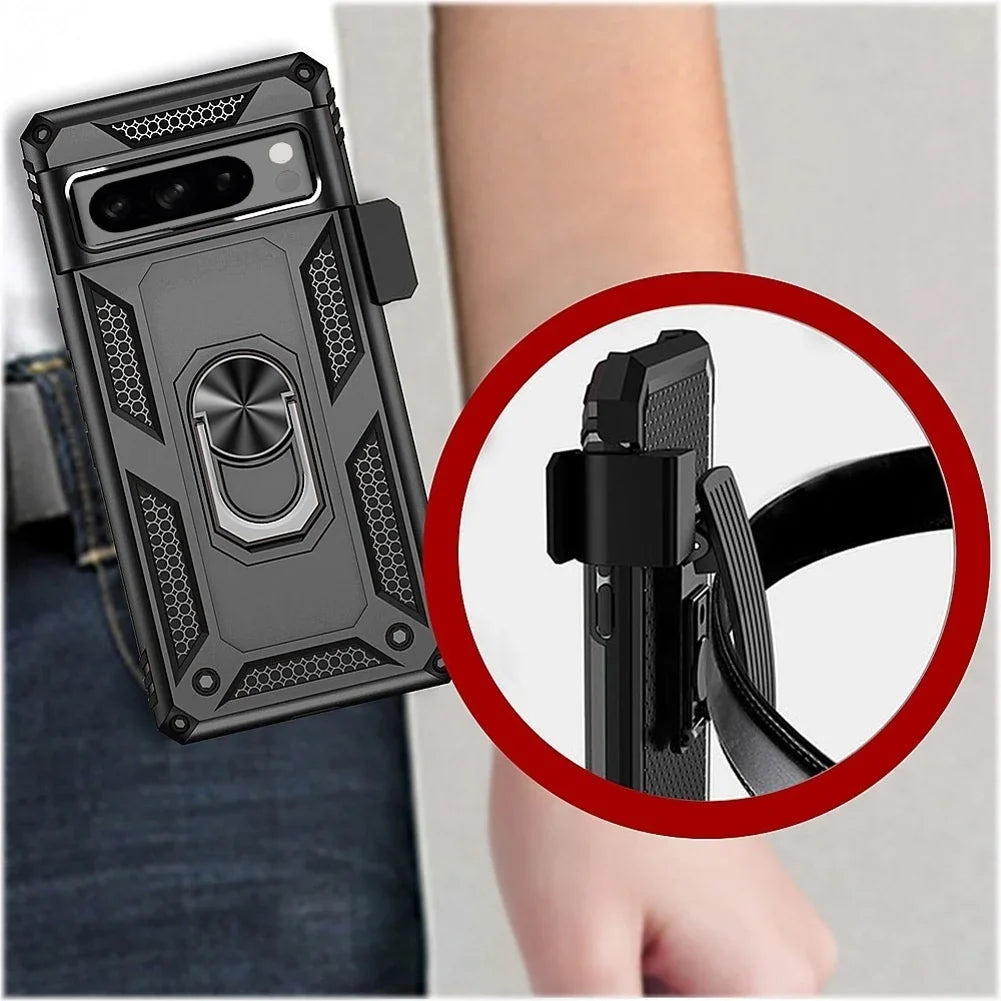 Holster Case Belt Clip for Google Pixel 8 Pro Phones - Swivel Metal Ring Cover Kickstand Armor Combo Drop-Proof compatible with Google Pixel 8 Pro