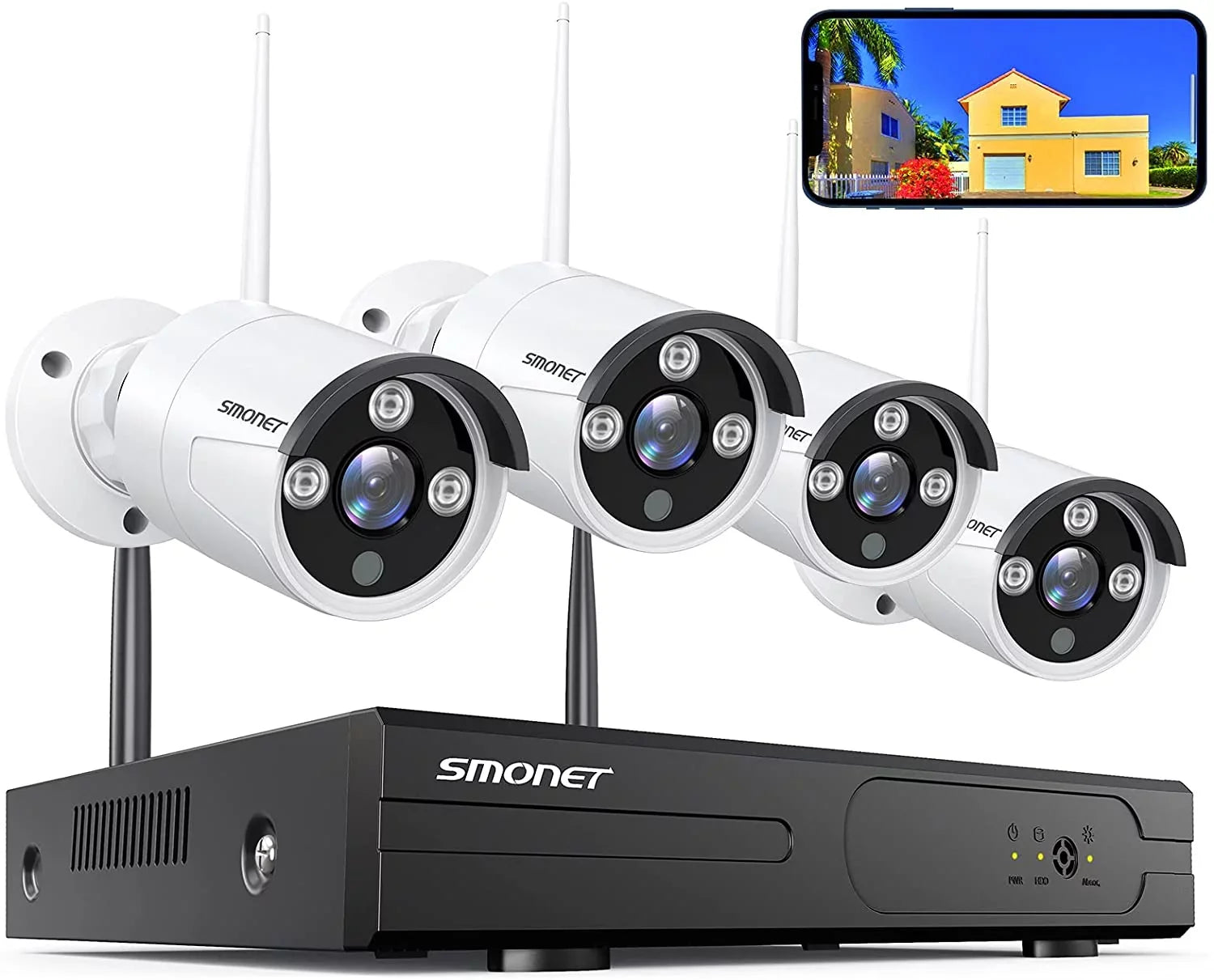 3MP Wireless Security Camera Systems No Hard Drive; SMONET 4PCS 8 Channel WiFi Surveillance NVR Kits; Indoor Outdoor CCTV Cameras;P2P CCTV Camera System;Night Vision;AI Human Detection with Audio